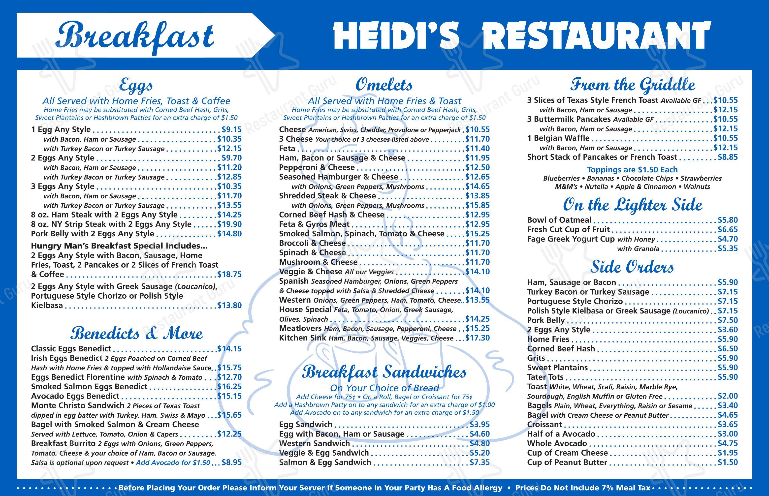 Меню фастфуда Heidi's Restaurant - Меню