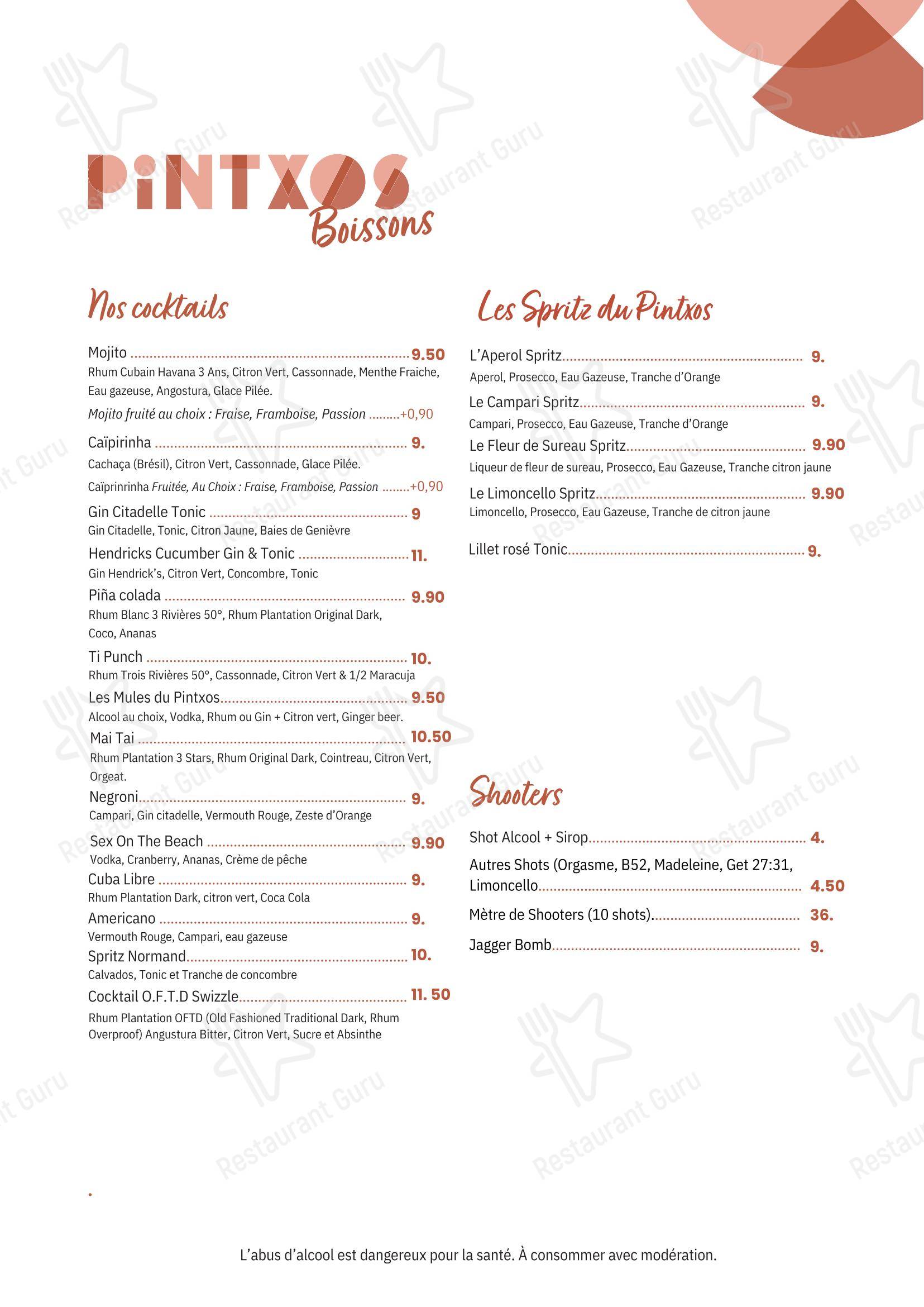 Меню напитков ресторана Pintxos в Руане