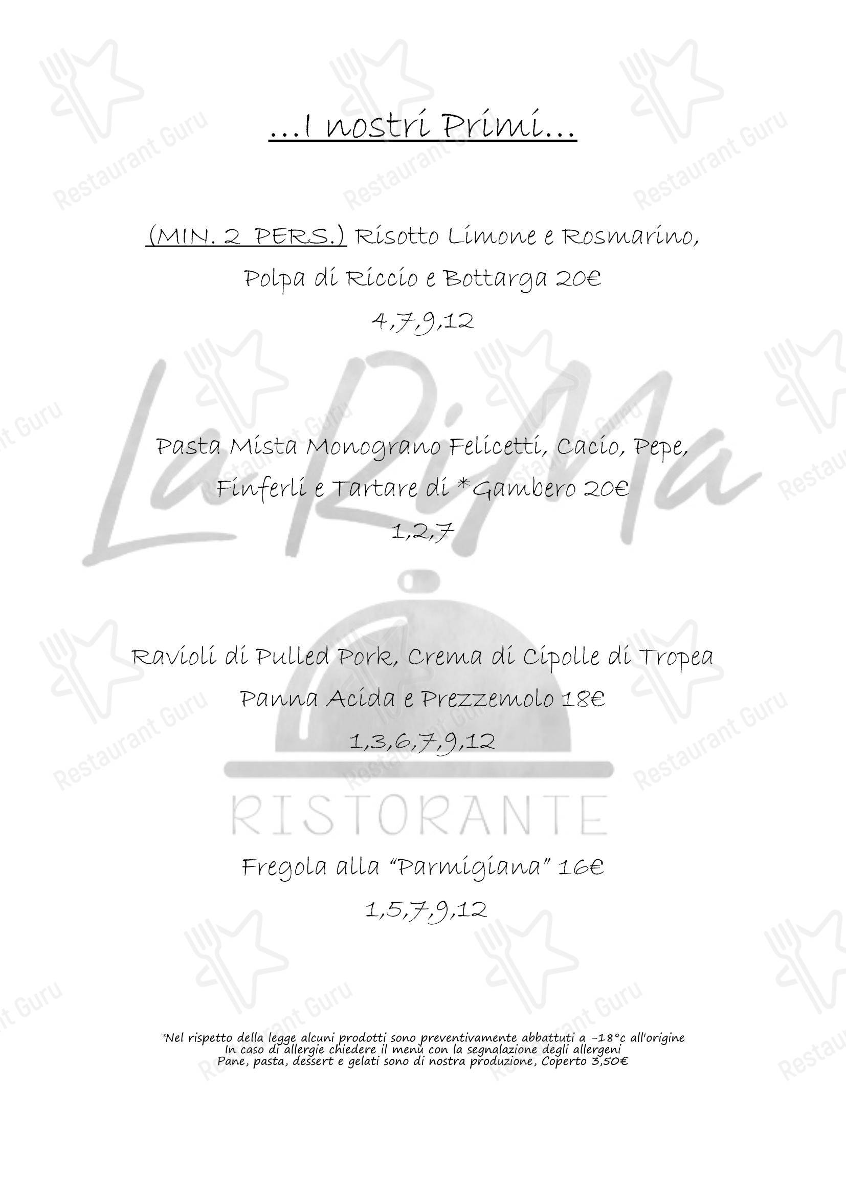 Ristorante La Rima в Новарах - Меню
