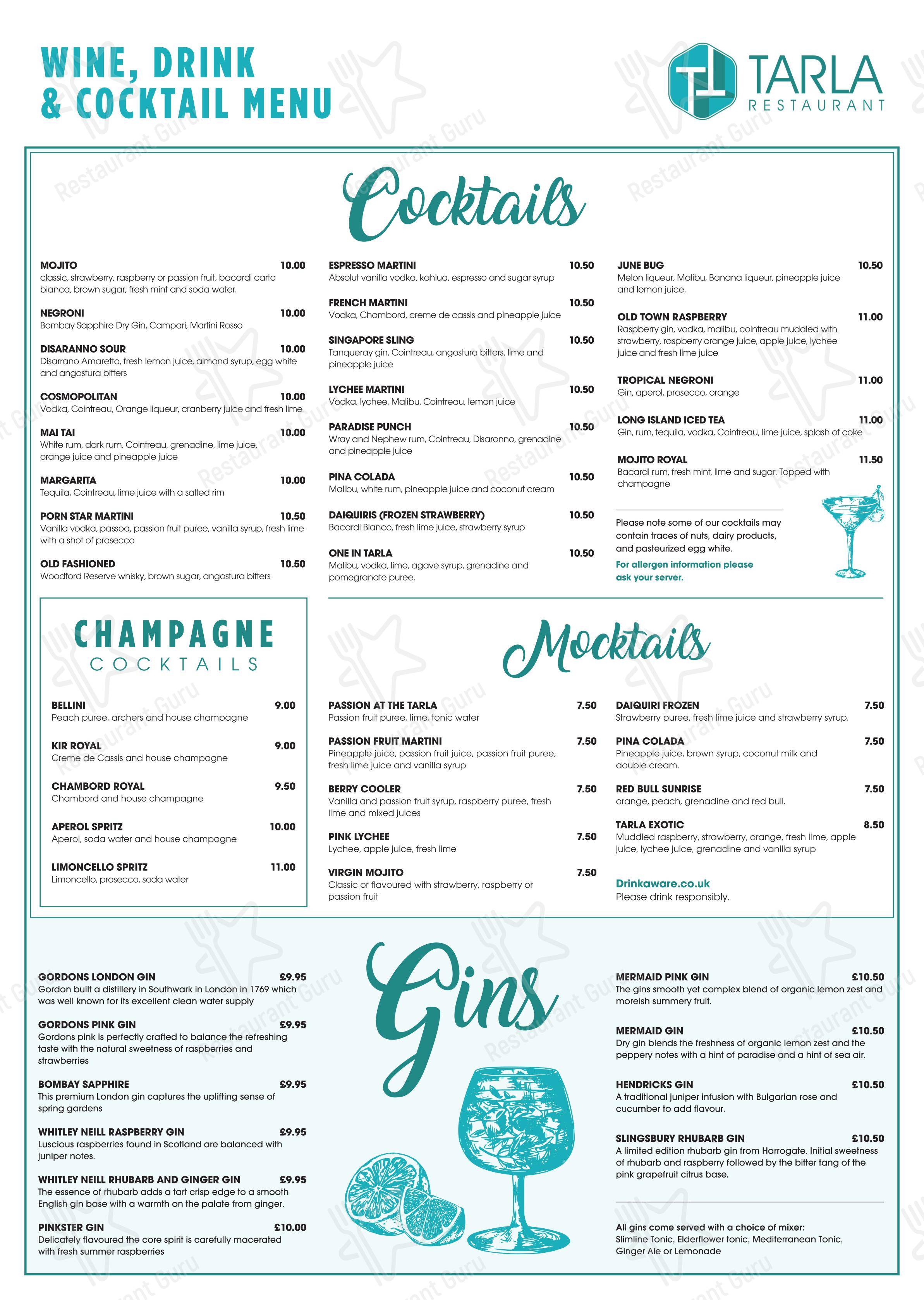 Коктейльная карта ресторана Tarla Restaurant в Стивенидже