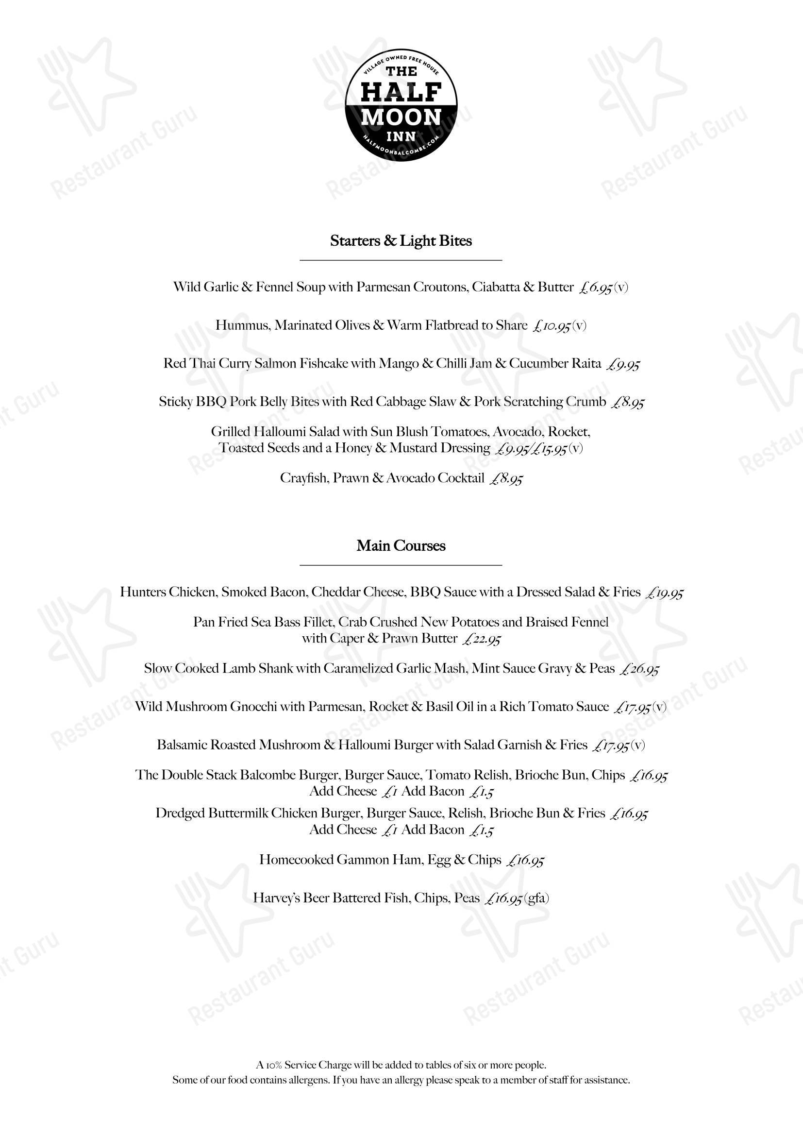 Меню напитков паба и бара The Half Moon Inn Balcombe в Балкомбе