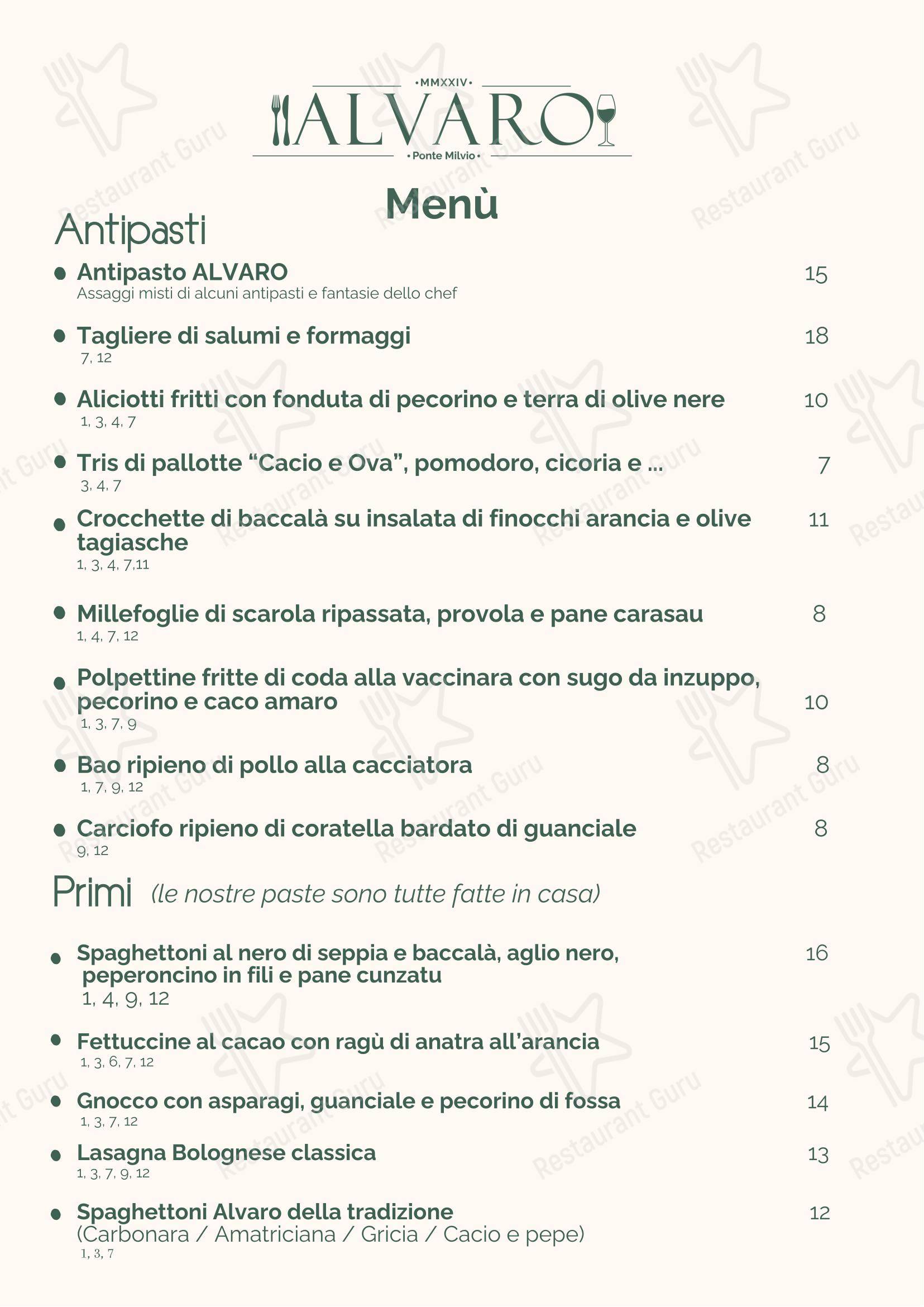 Меню ресторана ALVARO Ristorante в Риме