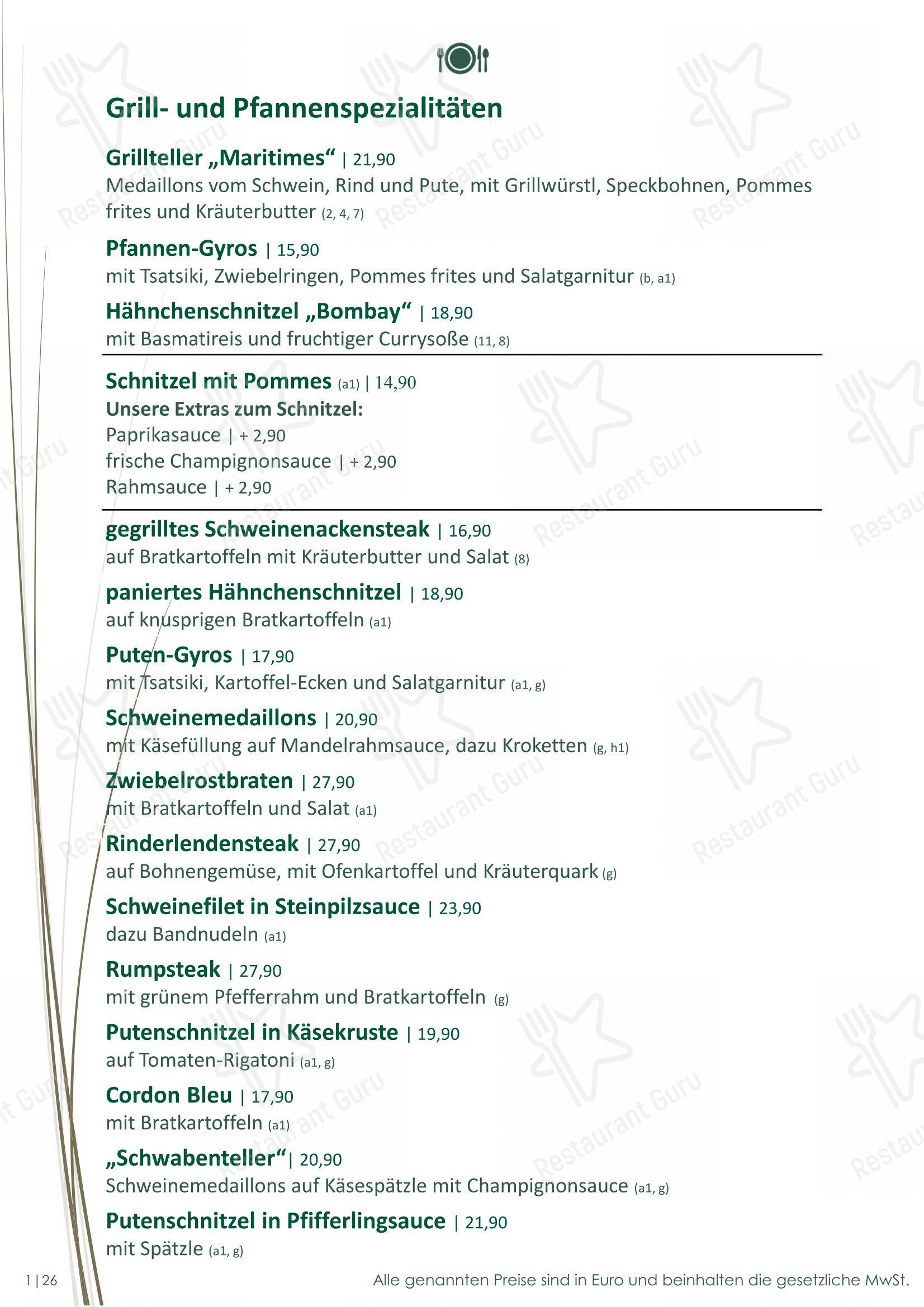 Меню ресторана Cafe Restaurant Maritimes