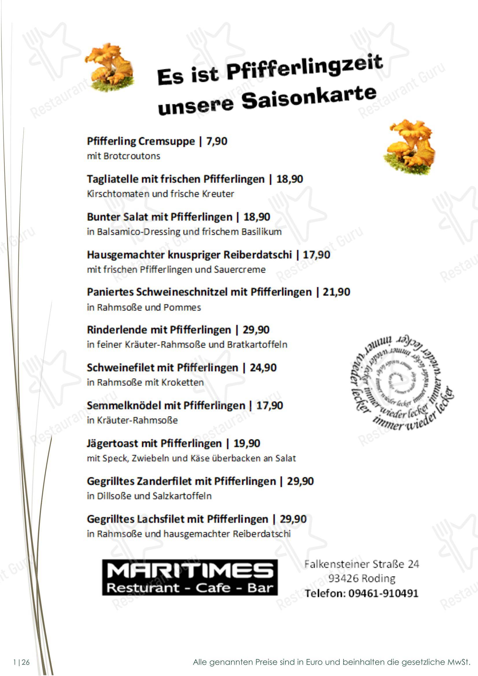Меню ресторана Cafe Restaurant Maritimes