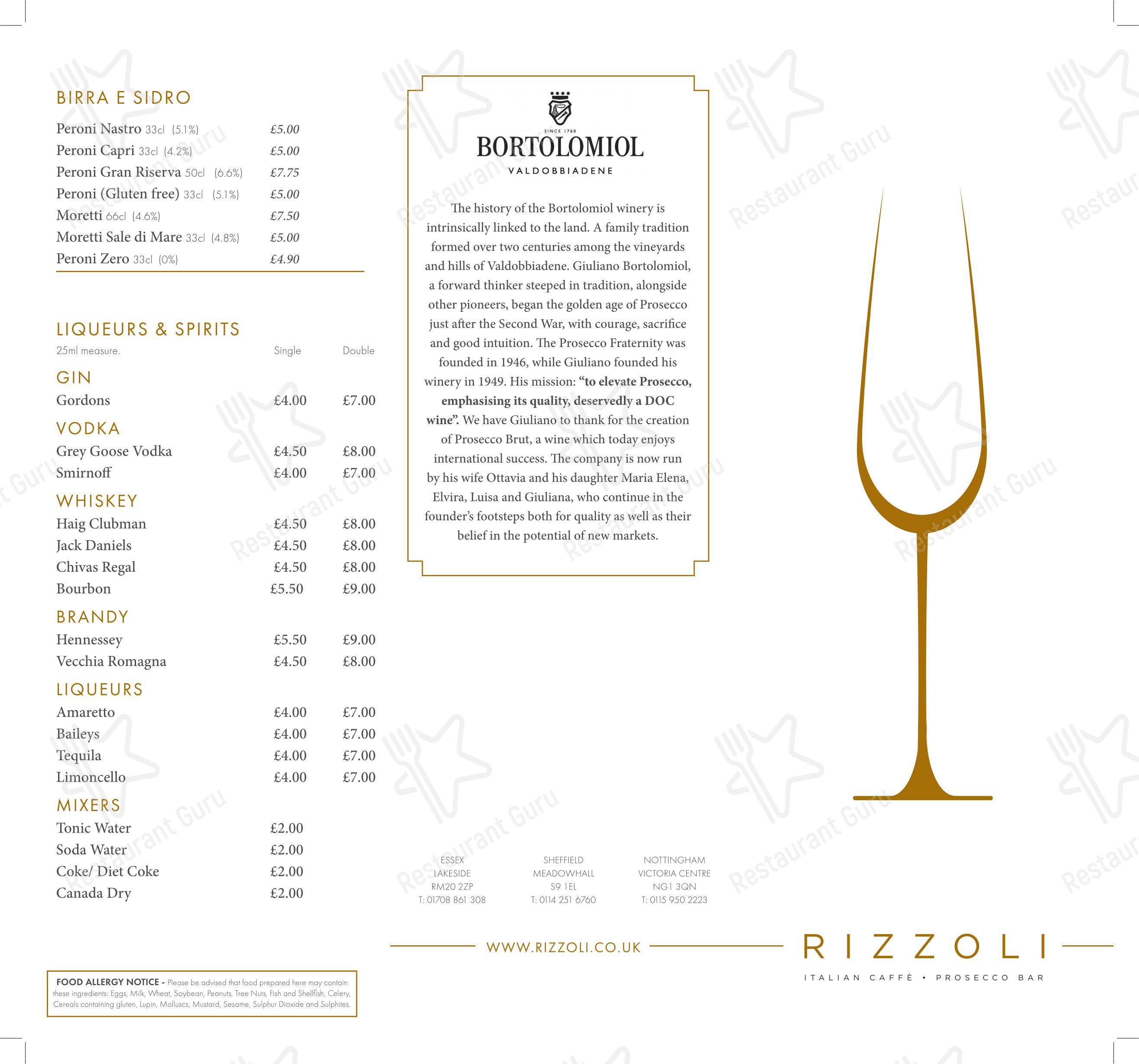 Крафт меню ресторана Caffè Rizzoli в Шеффилде