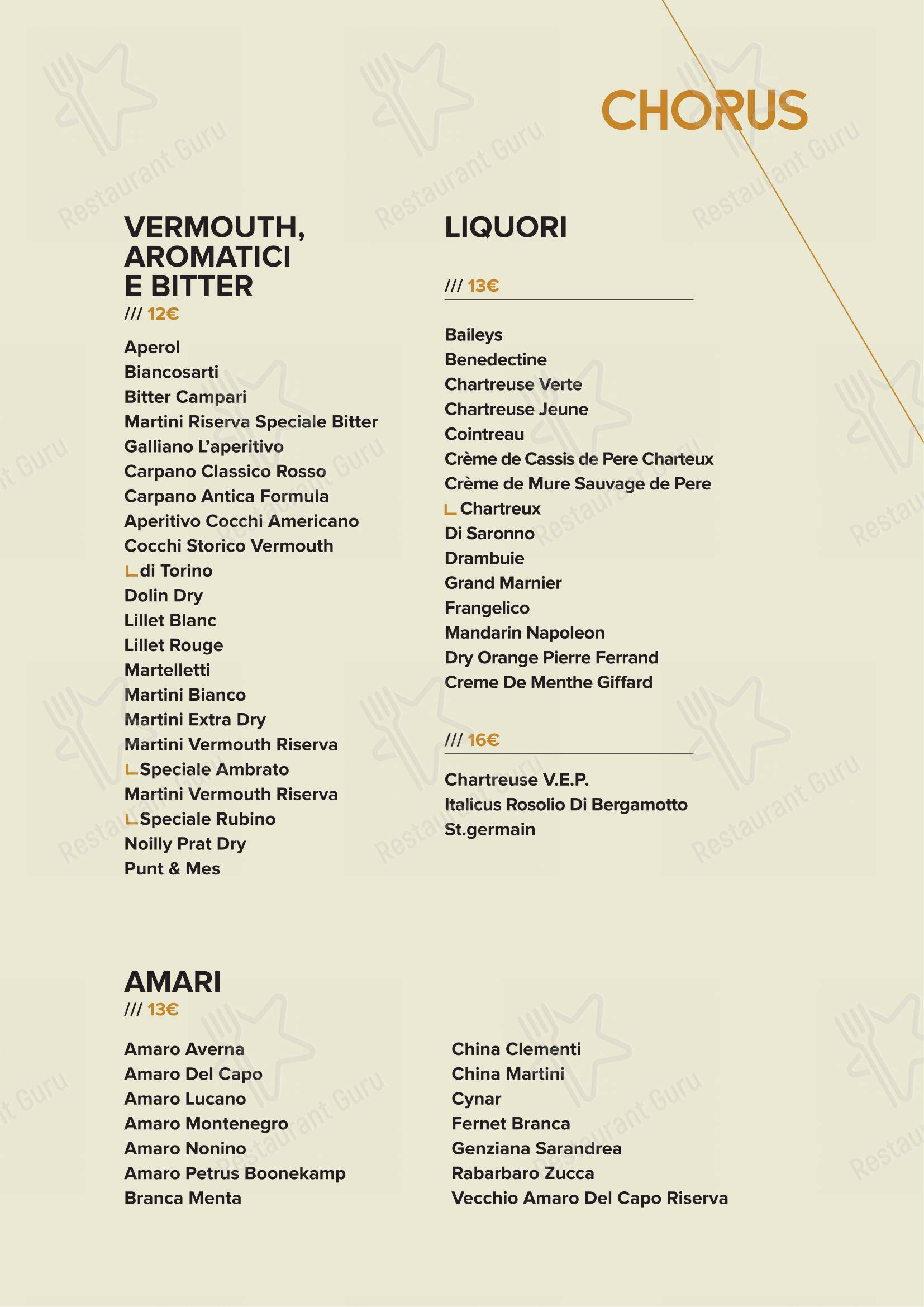 Chorus Café в Риме - Основное меню
