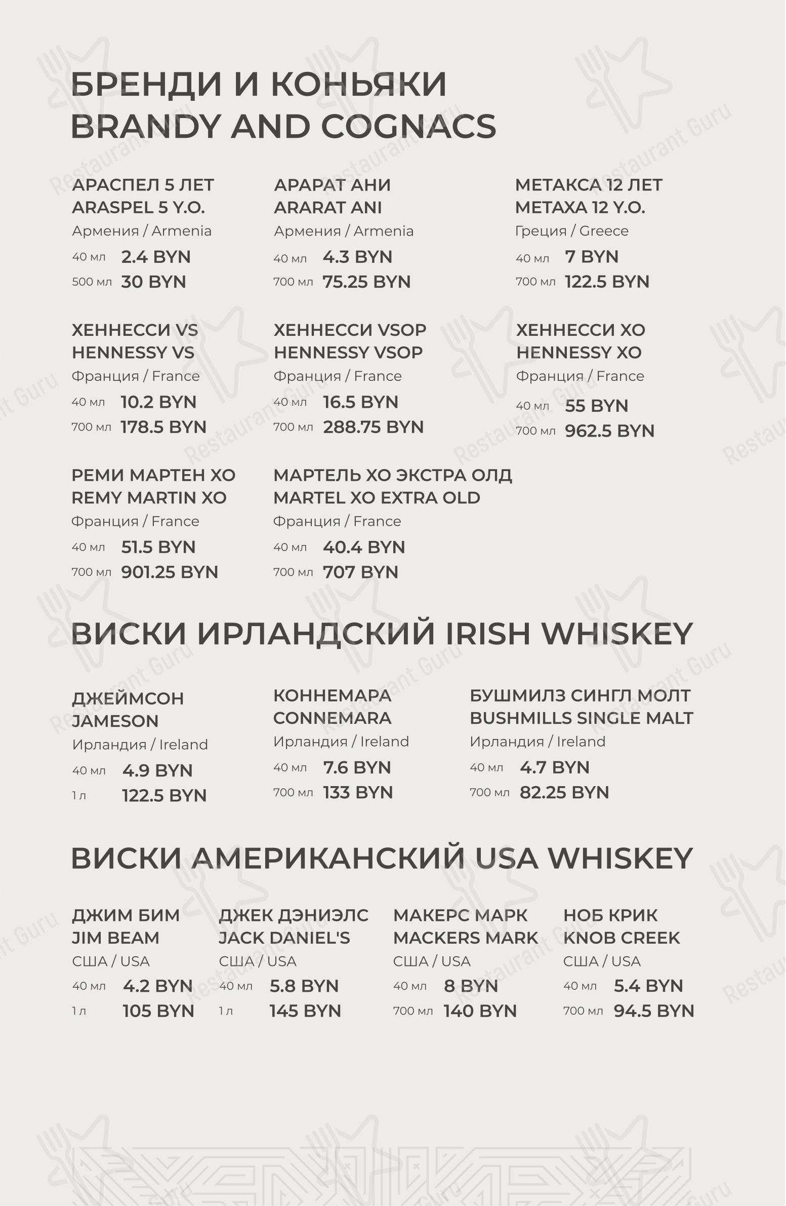 Меню напитков ресторана М1