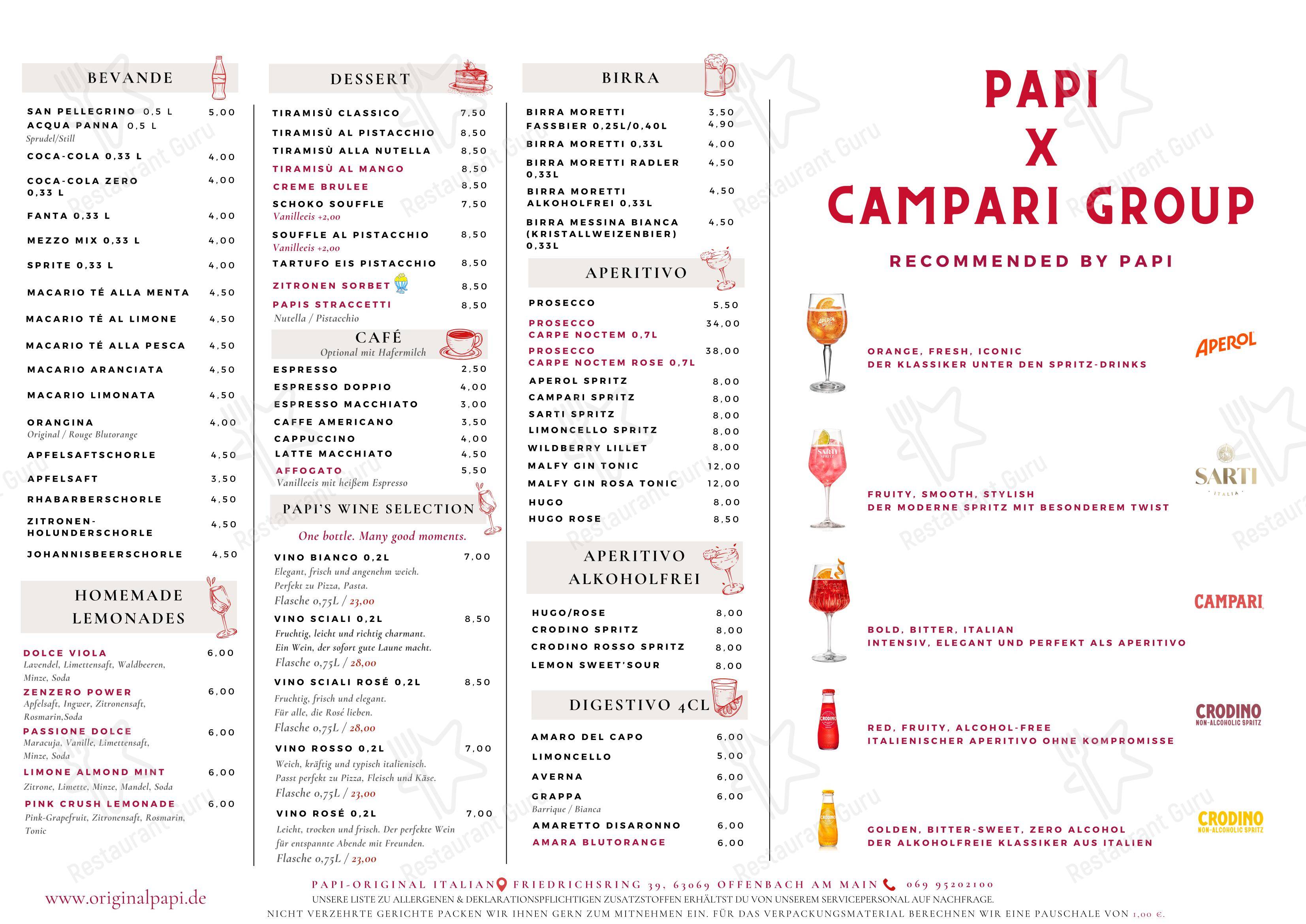 Меню ресторана PAPI-Original Italian - 菜单