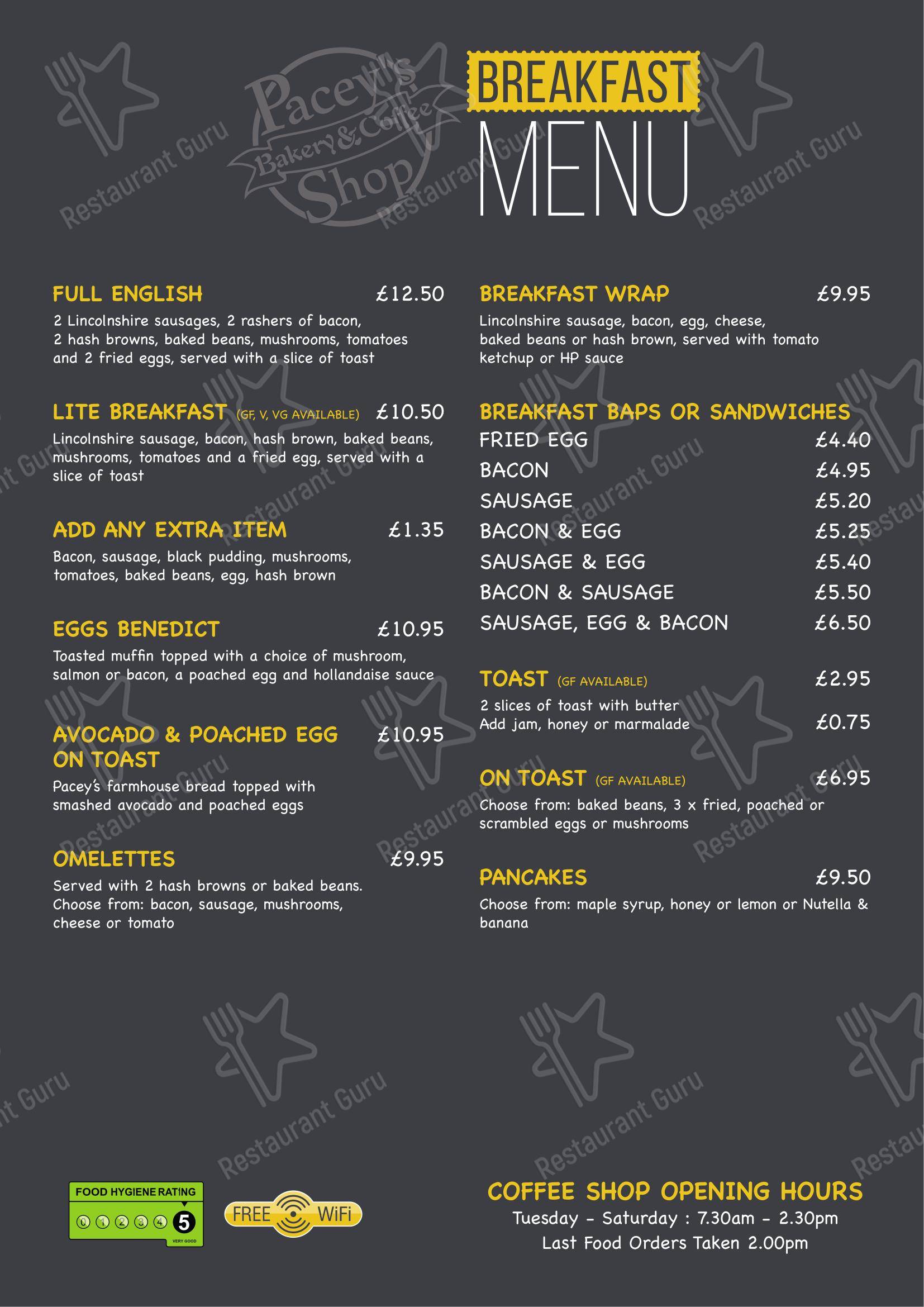 Ночное меню кафе Pacey's Bakery в Спалдинге