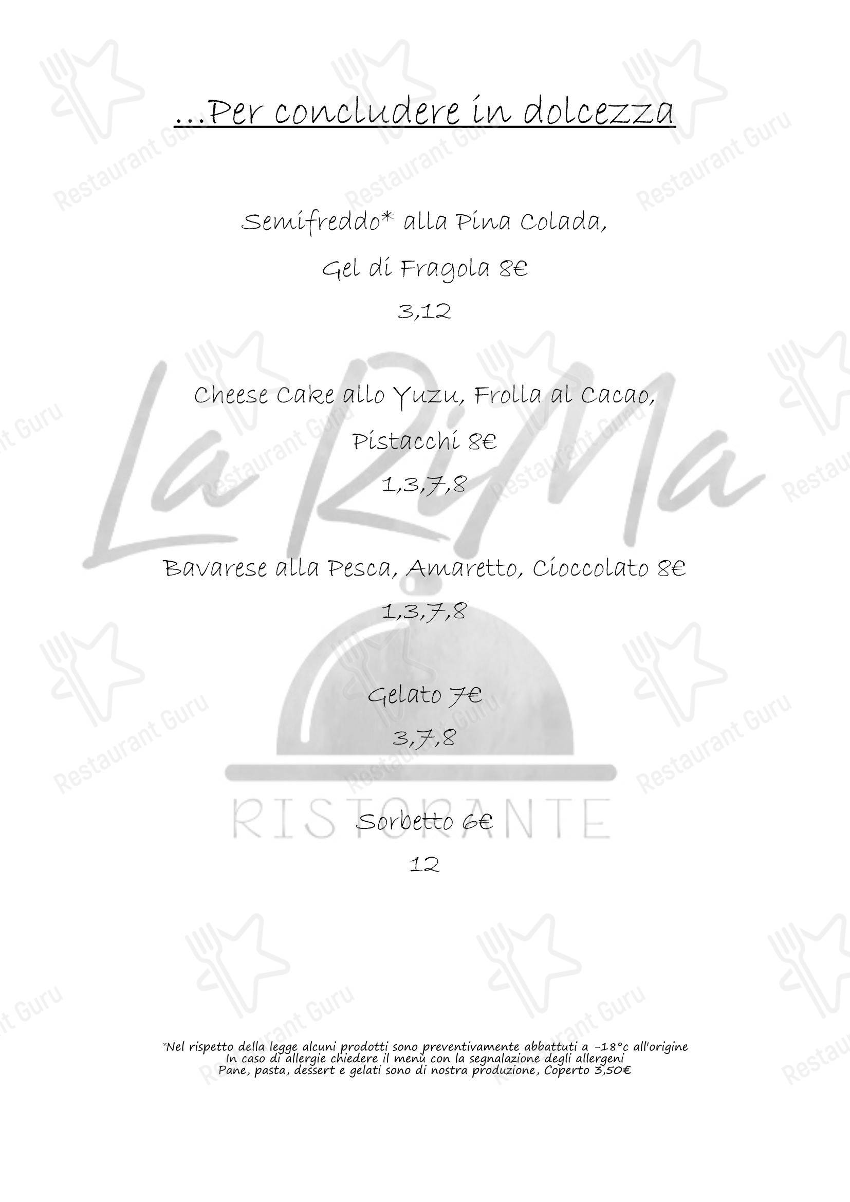 Ristorante La Rima в Новарах - Меню