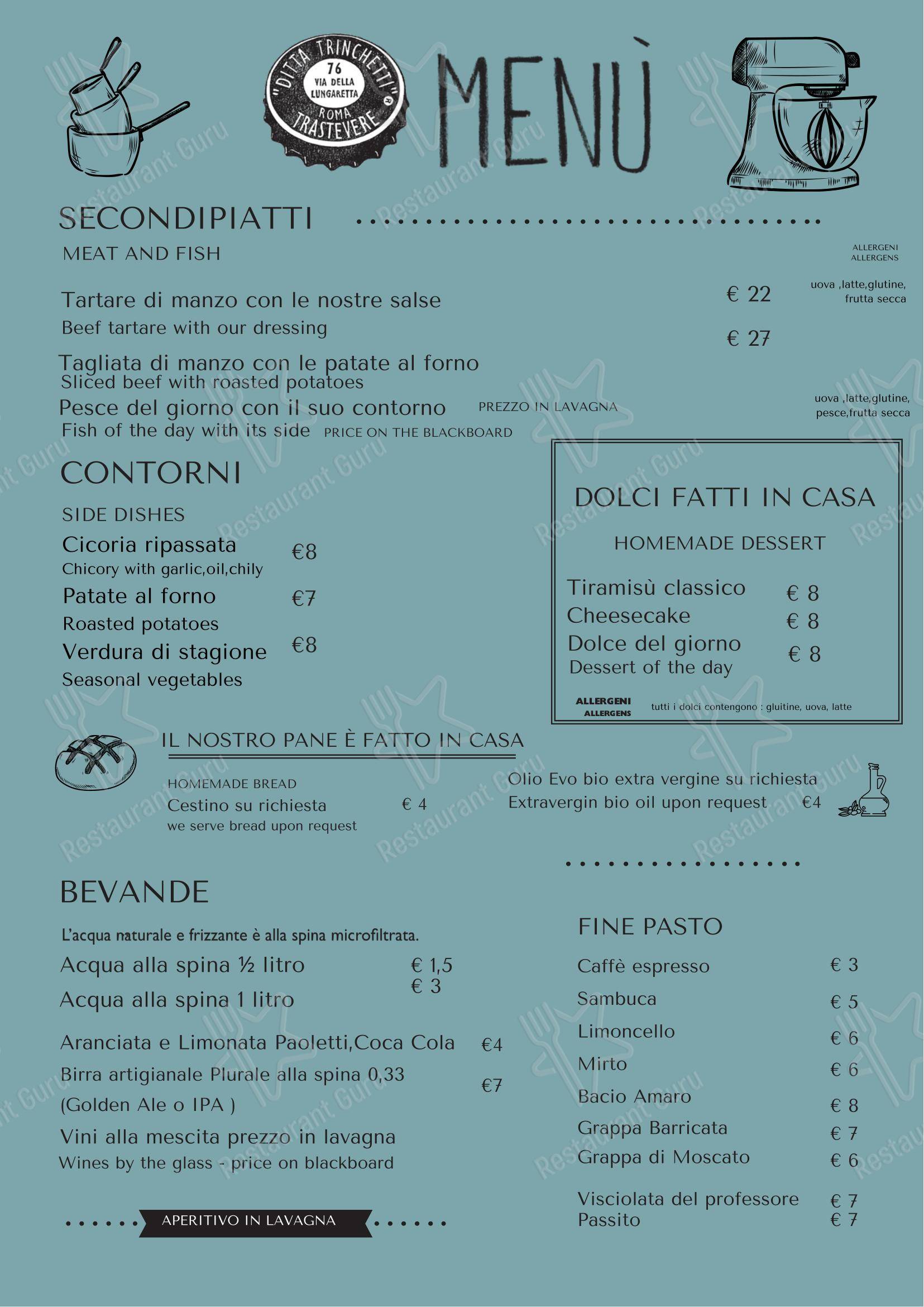Меню ресторана Ristorante Trastevere Roma - Ditta Trinchetti