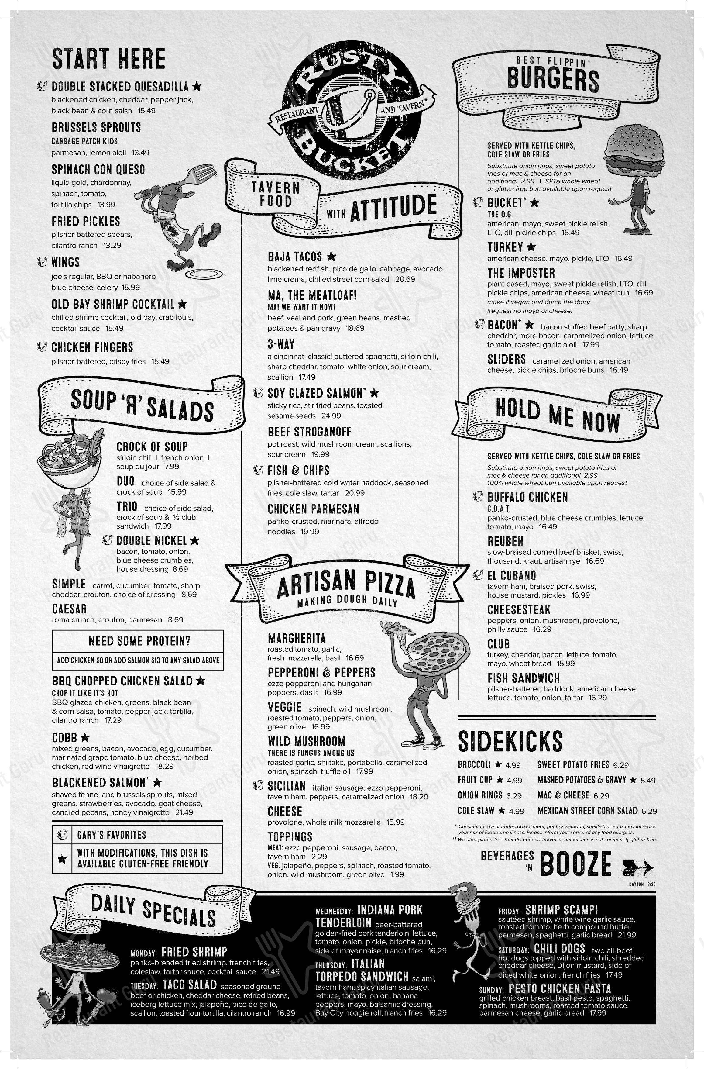 Ночное меню паба и бара Rusty Bucket Restaurant and Tavern
