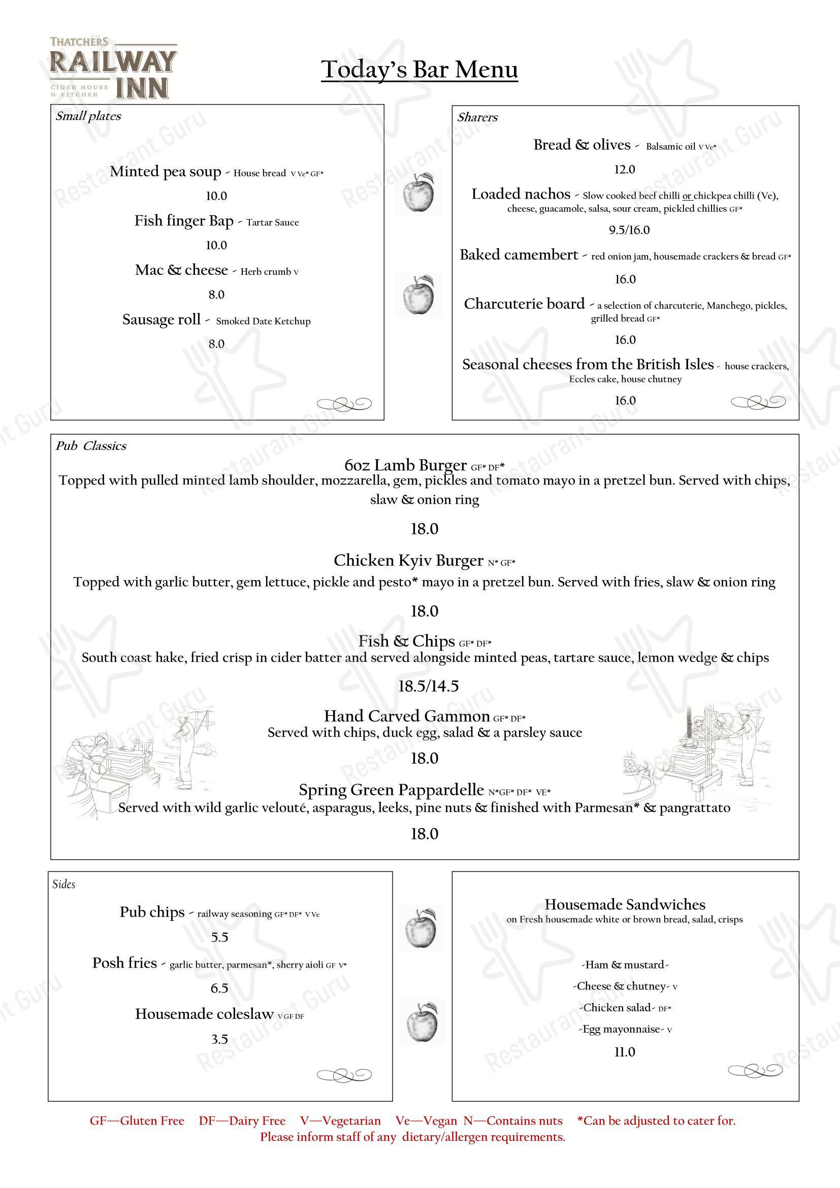Основное меню паба и бара The Railway Inn в Уинскомбе