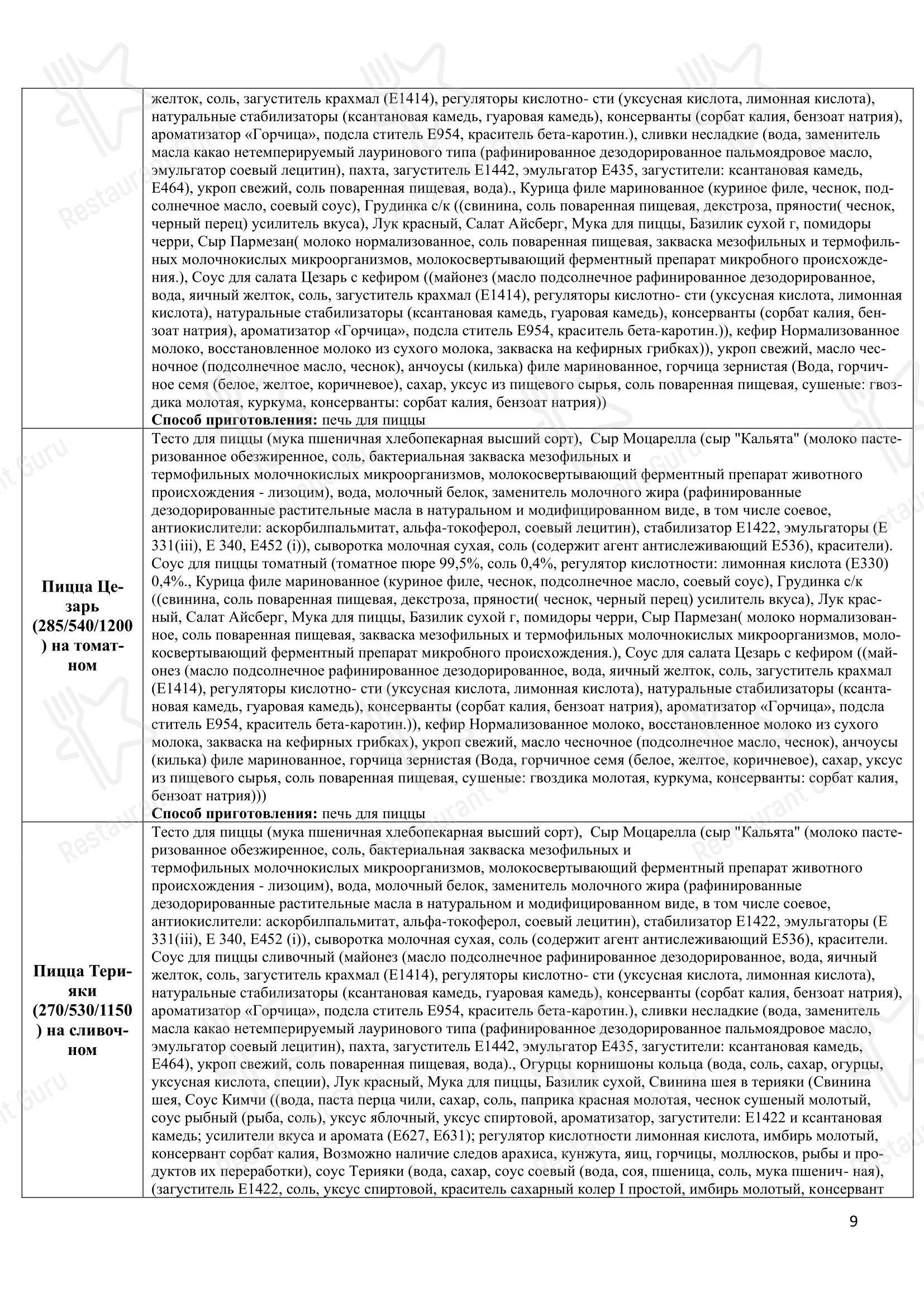 Меню напитков ресторана Томато в Ефремове