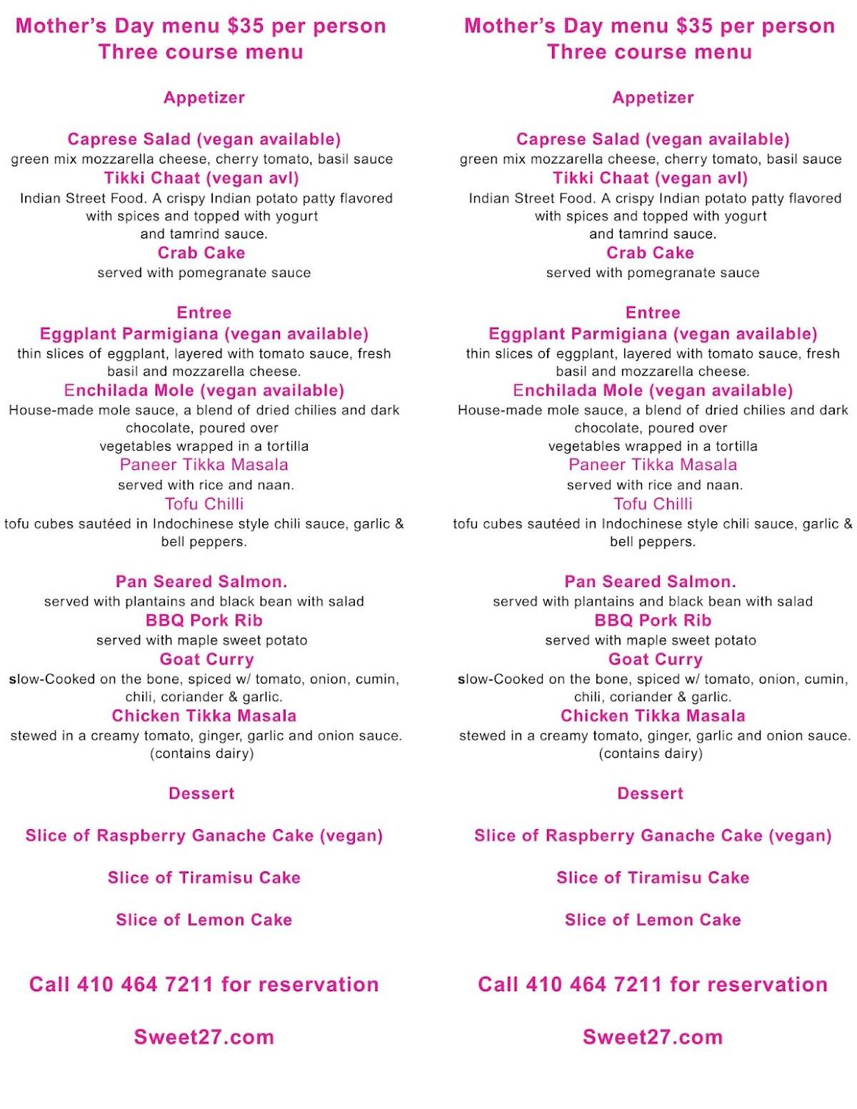 sweet27 bakery and restaurant меню