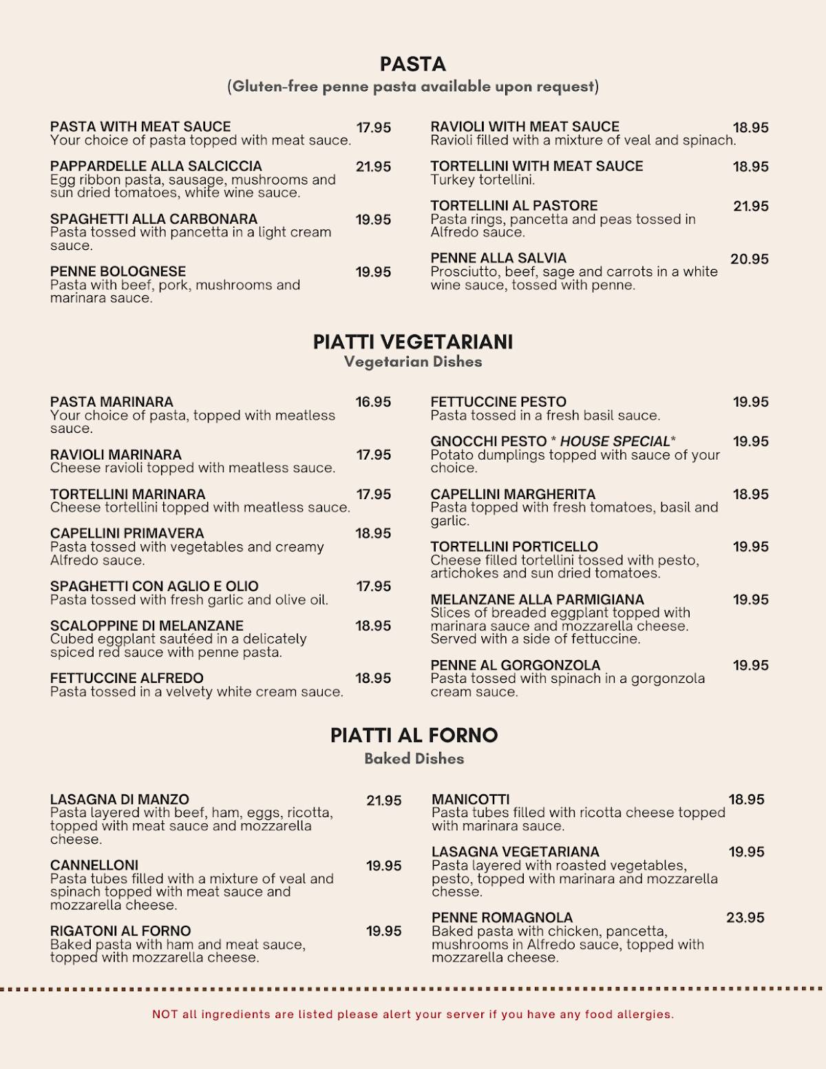 Al Castello Ristorante Italiano меню