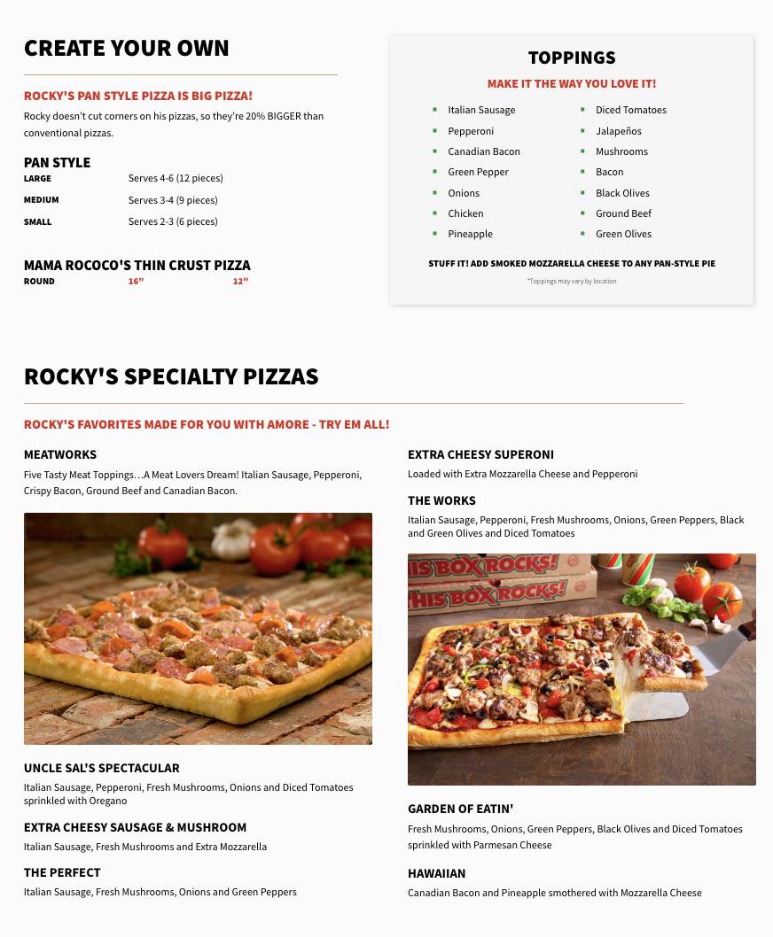 Rocky Rococo Pizza and Pasta меню