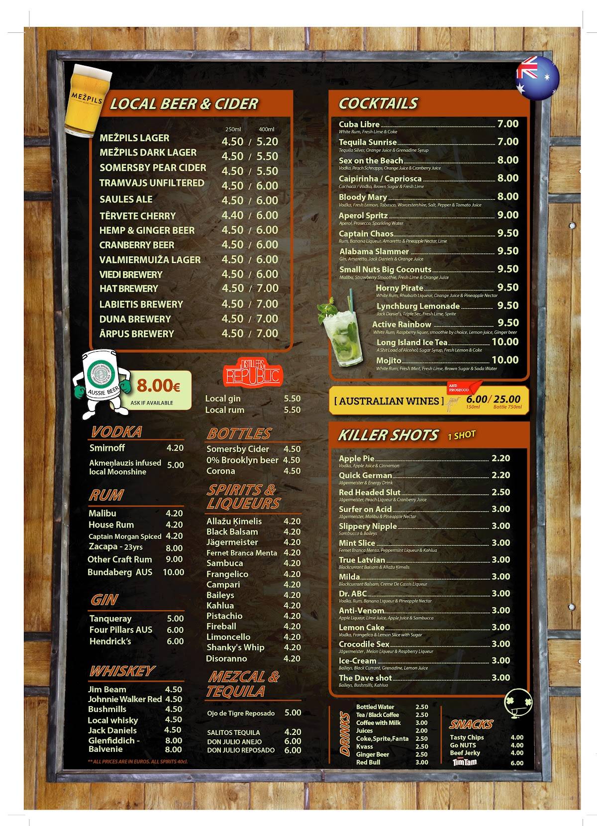 Aussie Backpackers Pub меню