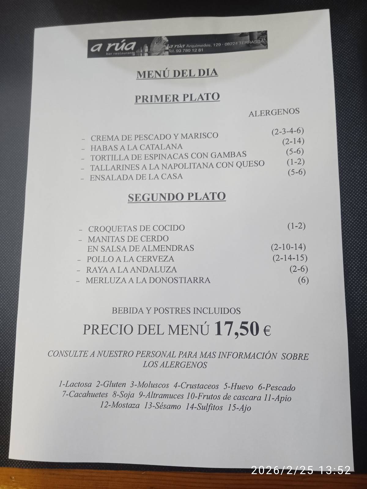 Restaurant Nova Rúa меню