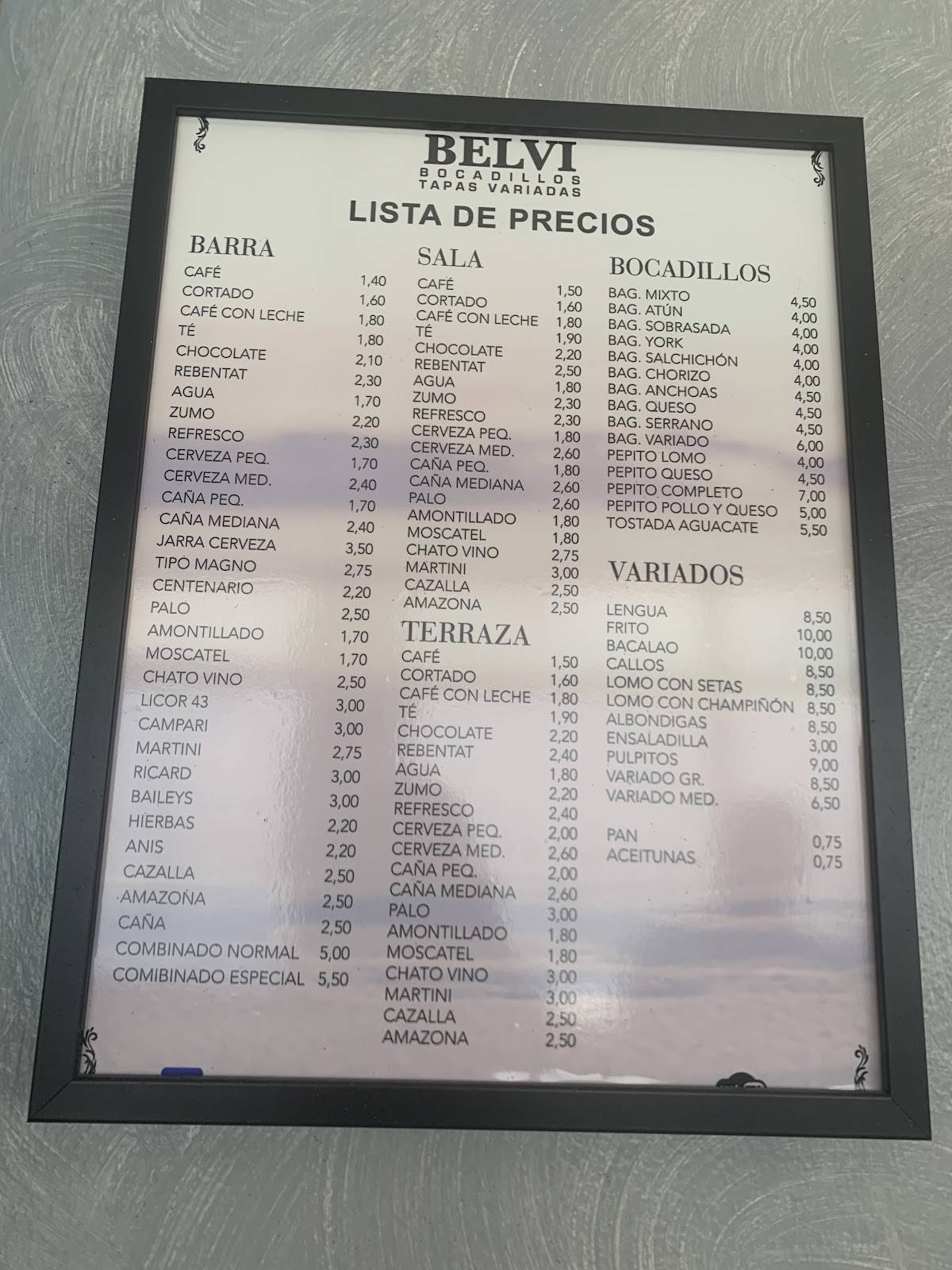 Bar Belvi меню