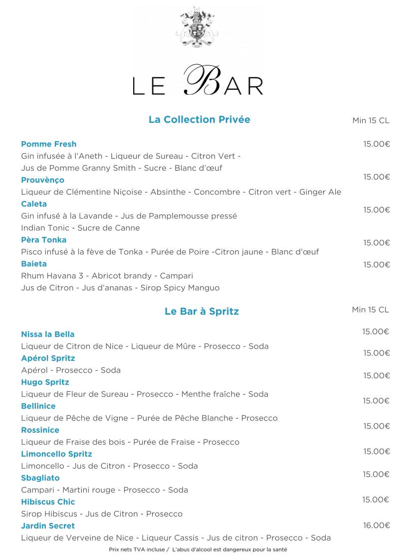 Bar Le W – Cocktails & Afterwork Promenade des Anglais – Nice меню