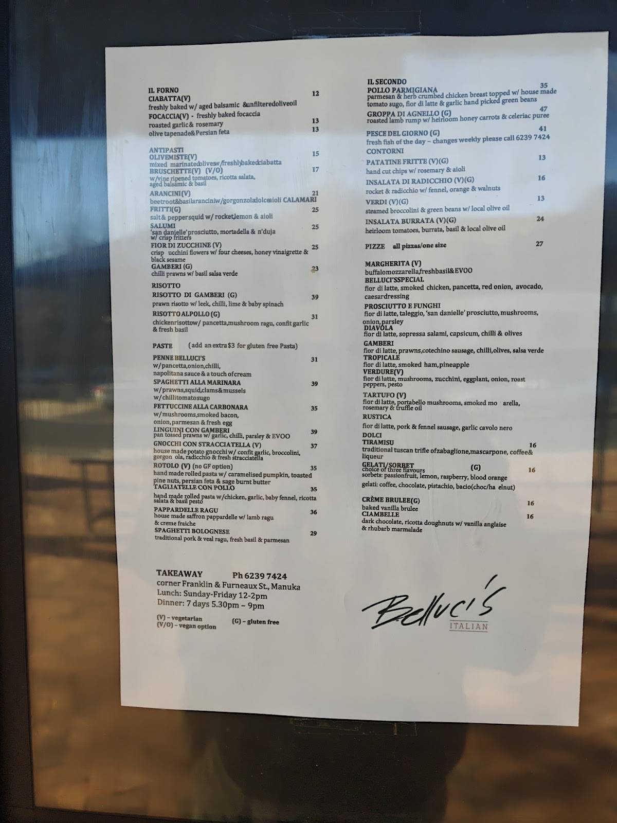 Belluci's Manuka меню