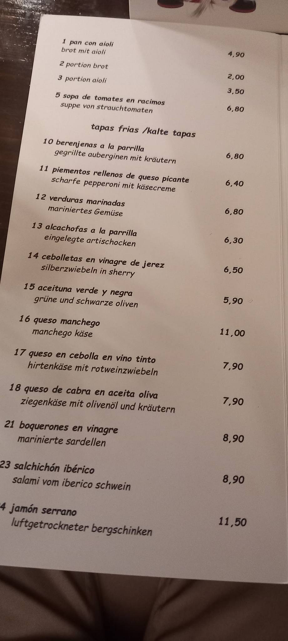 Bodega Tapas Bar меню