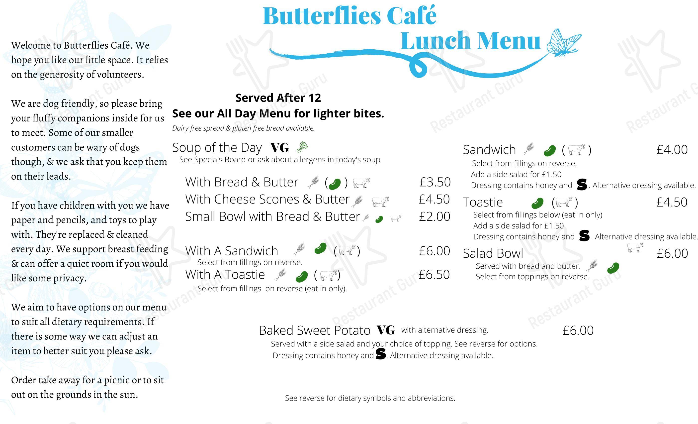 Меню напитков кафе Butterflies Cafe в Эдинбурге