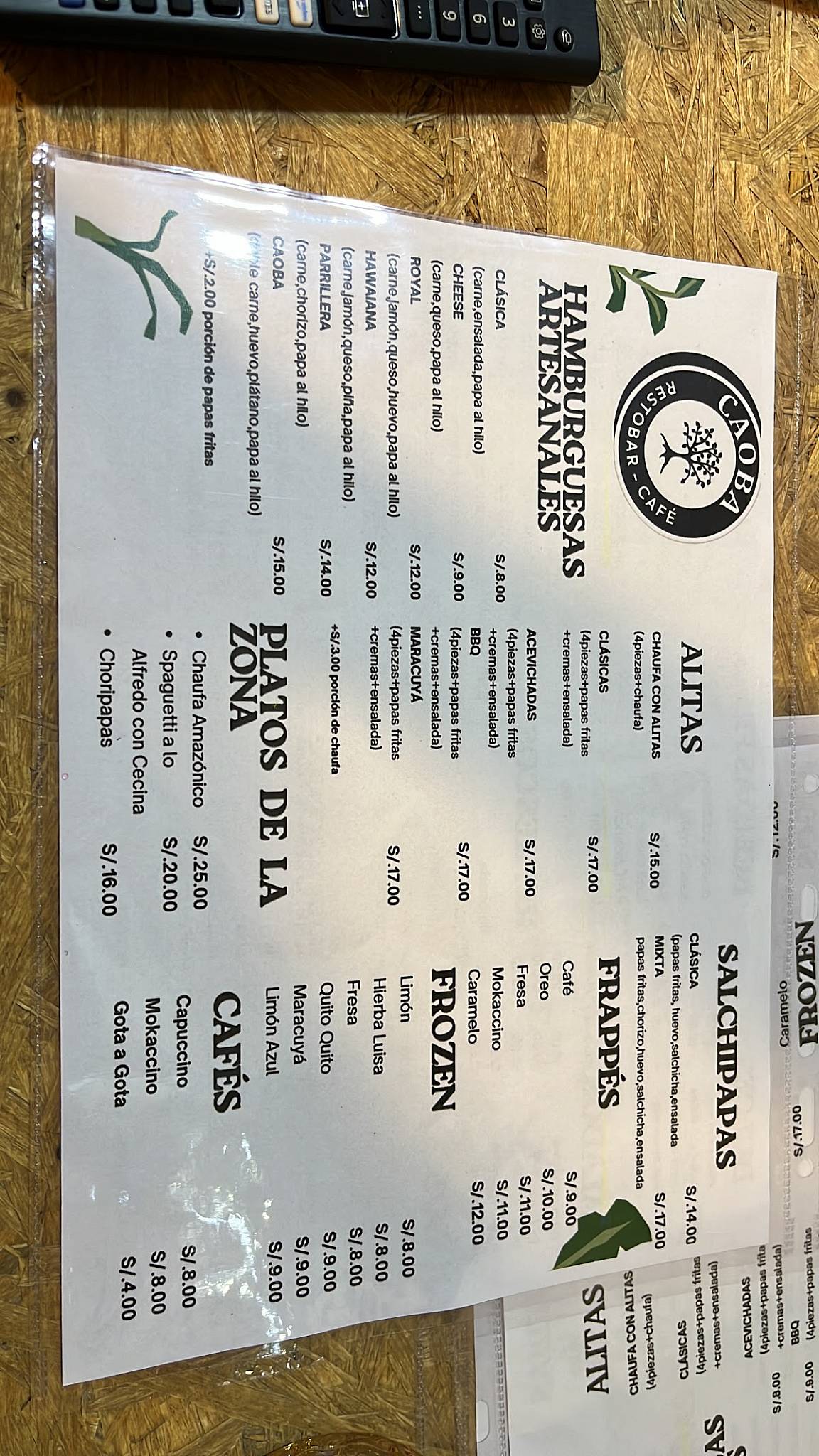 CAOBA RESTAURANTE BAR CAFÉ меню
