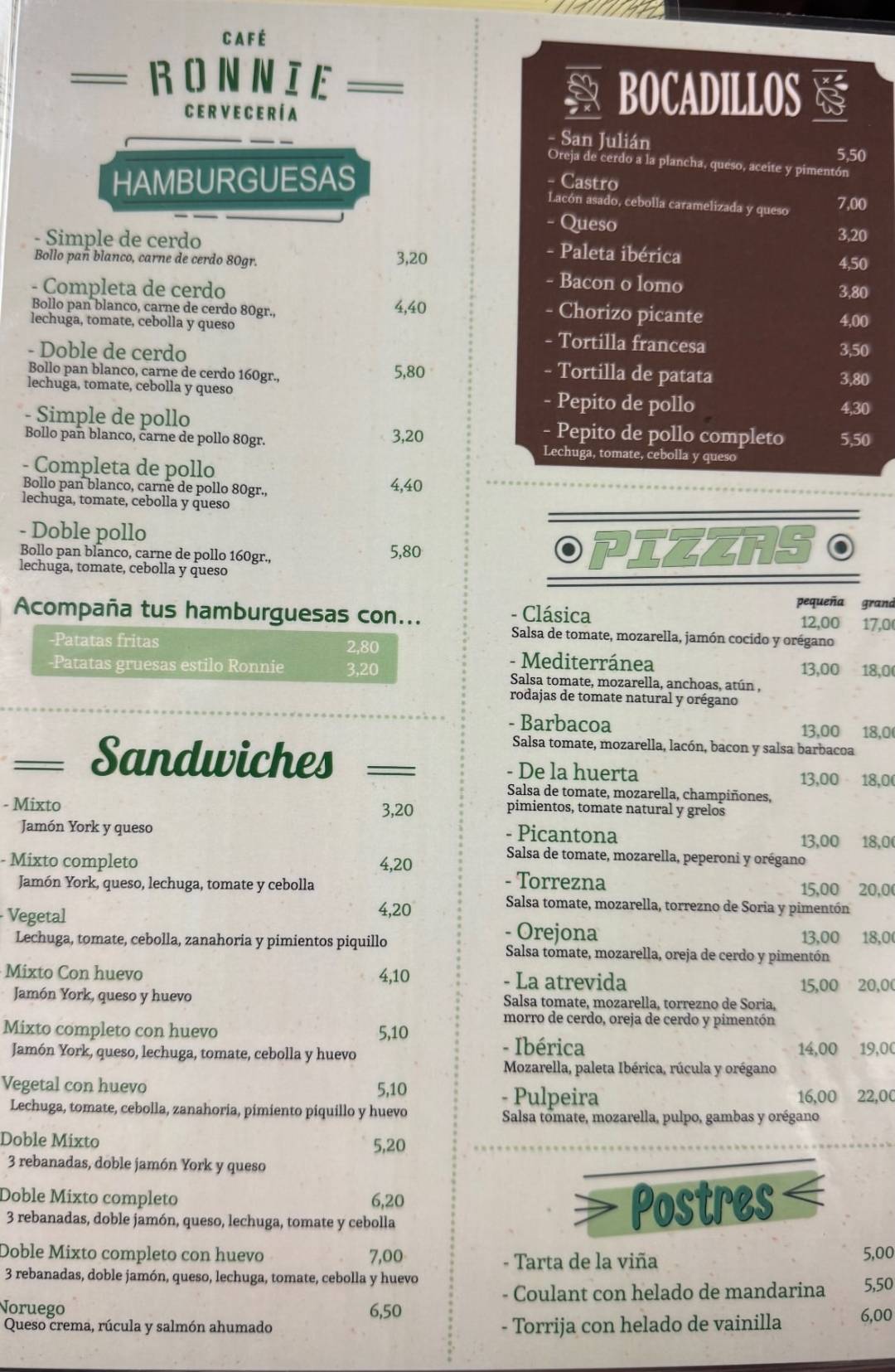Café Bar Ronnie меню