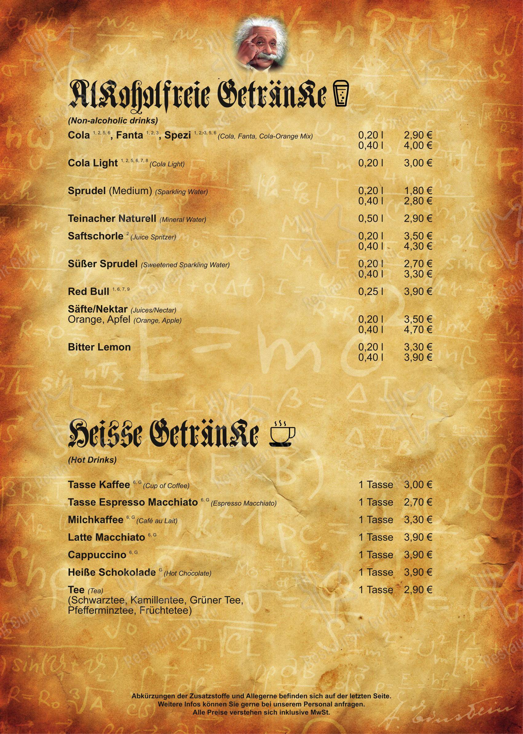 Меню ресторана Cafe Einstein