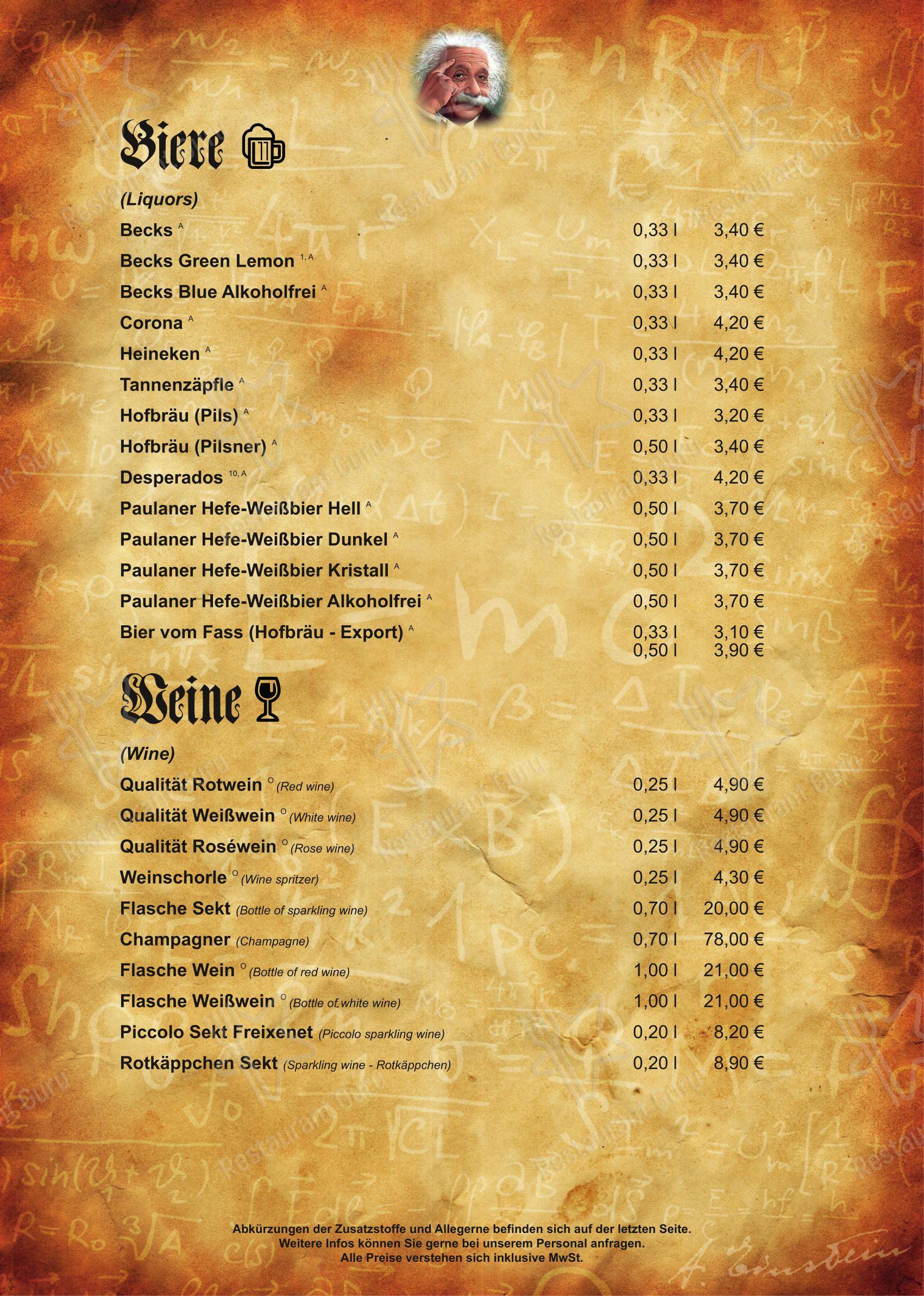 Меню ресторана Cafe Einstein в Штутгарте
