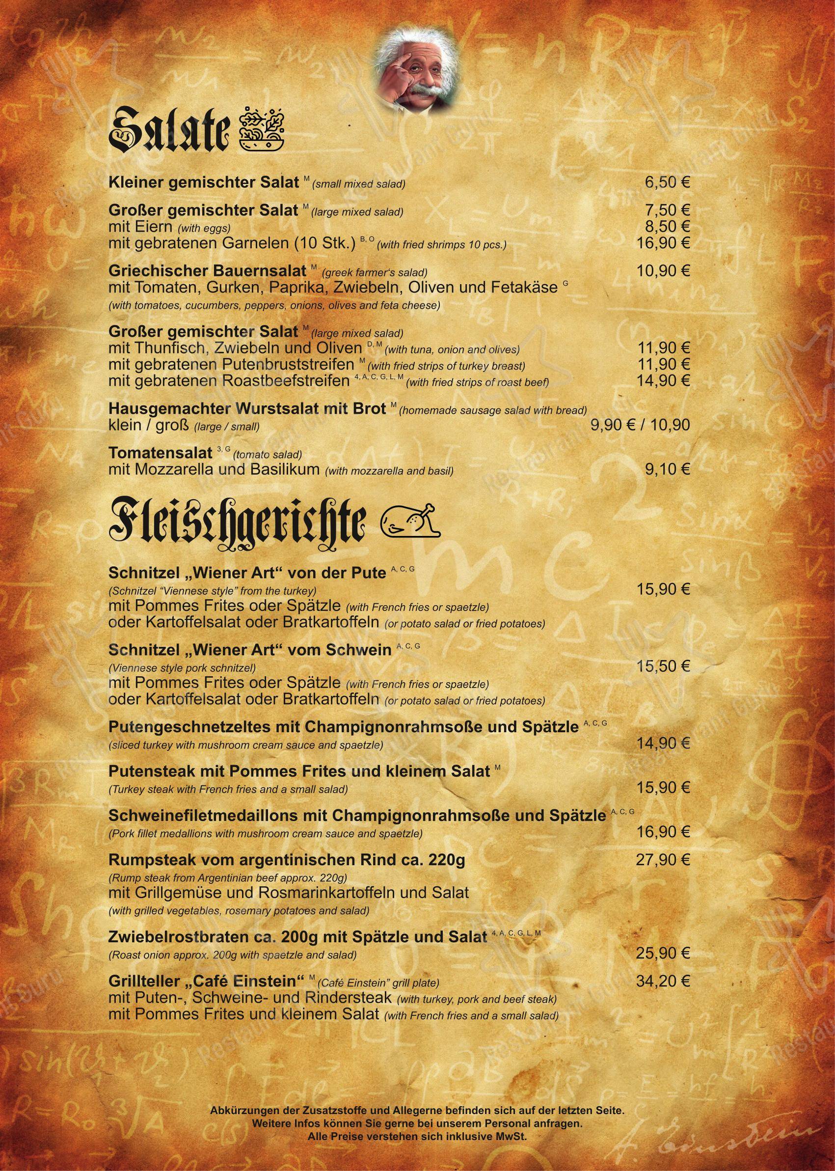 Меню ресторана Cafe Einstein в Штутгарте