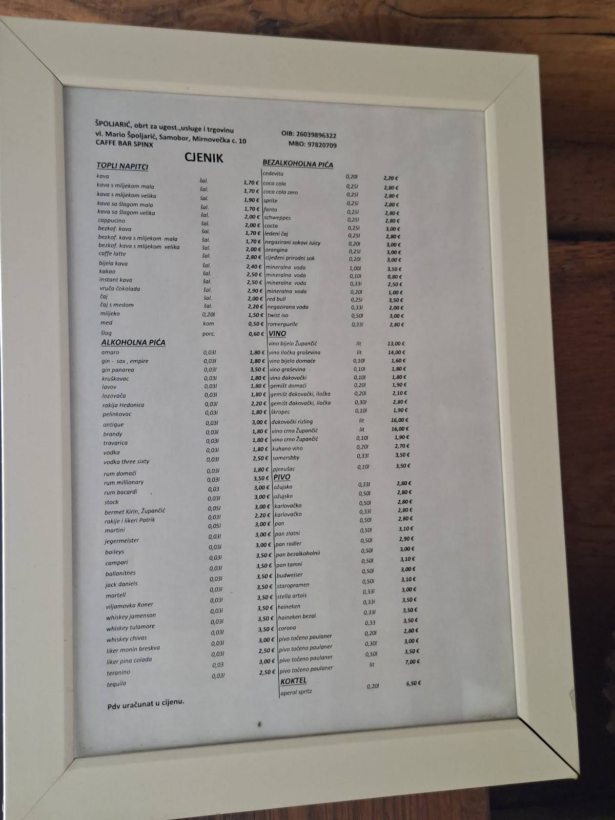 Caffe Bar Spinx меню