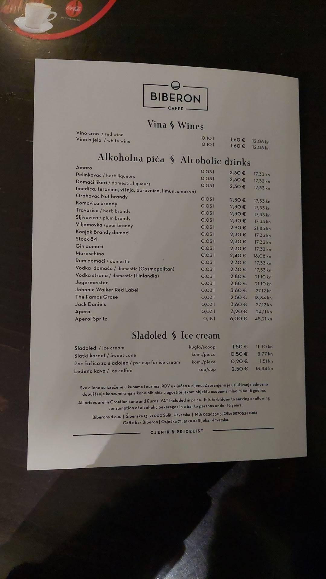 Caffe bar Biberon Rijeka меню