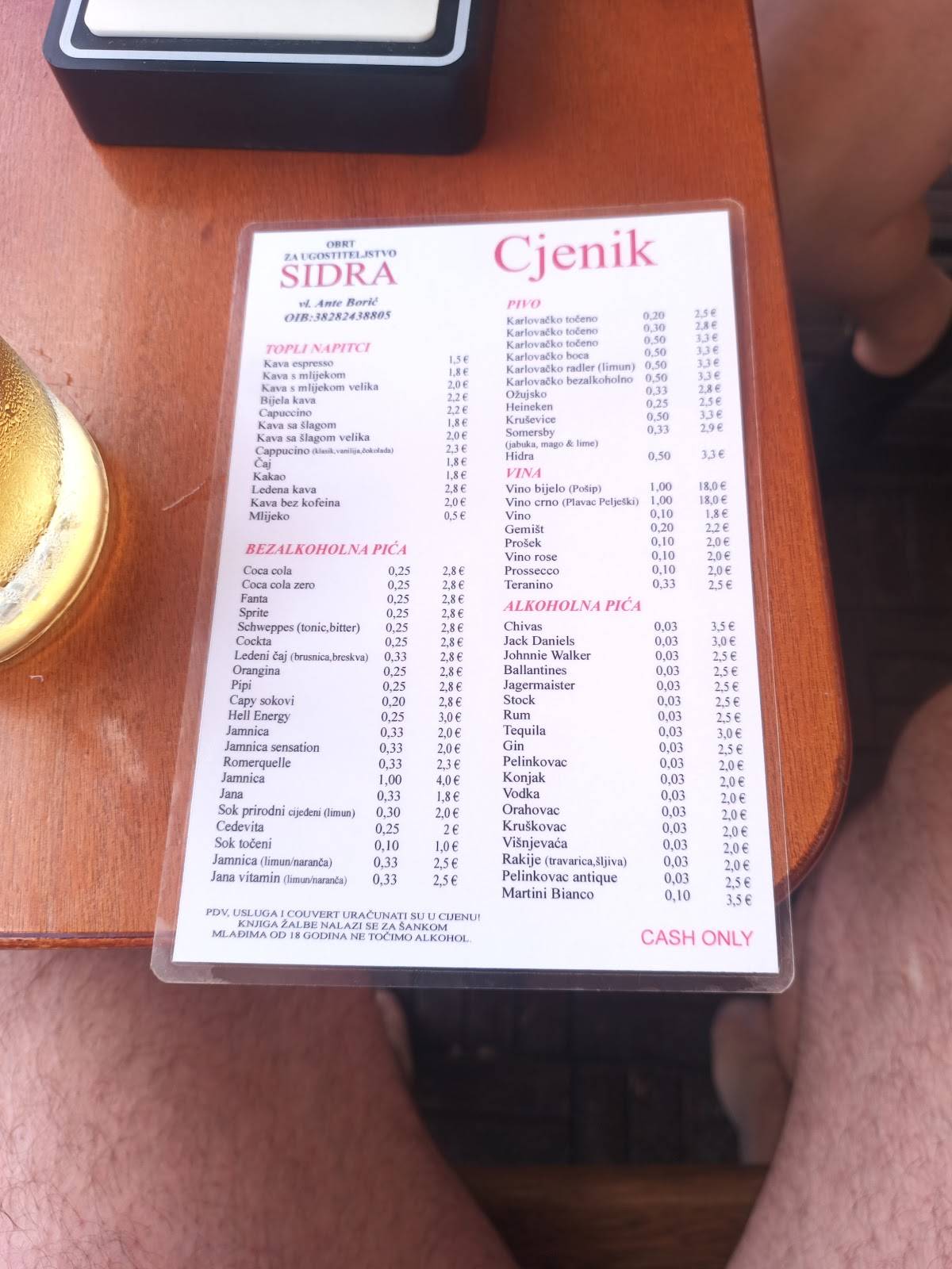 Caffe bar Sidra меню