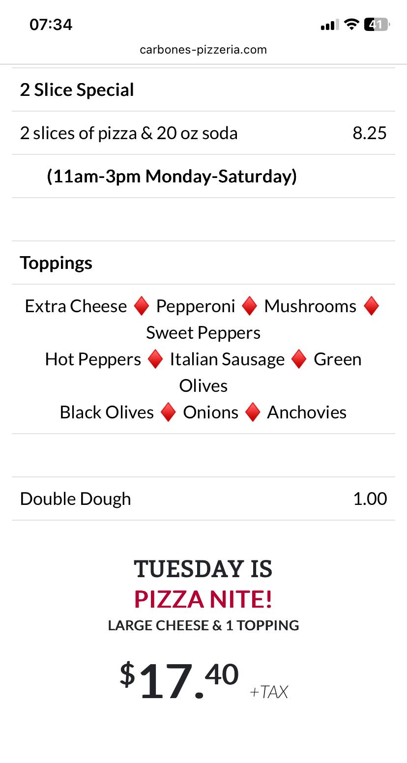Carbone's Pizzeria меню