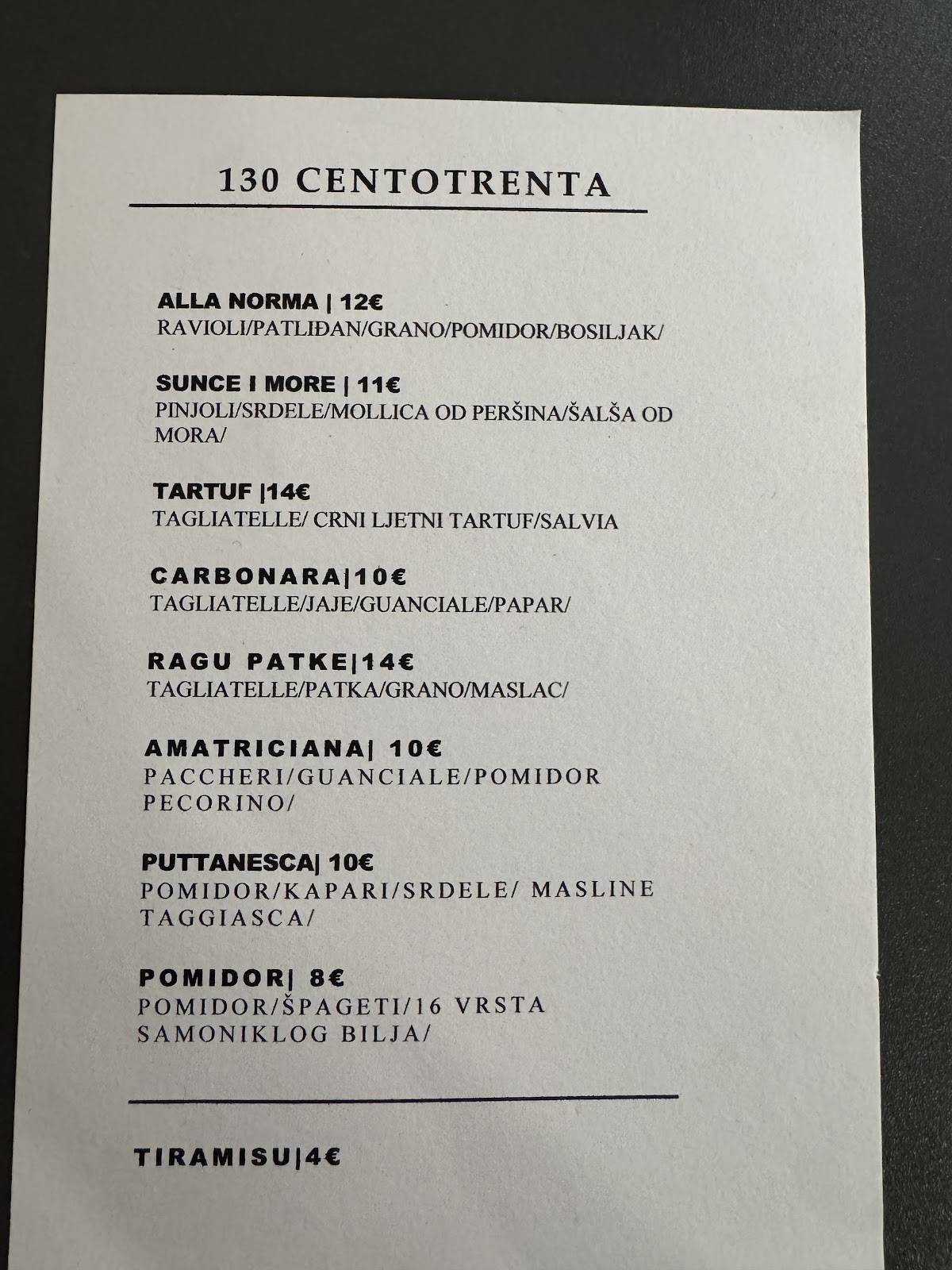 Centotrenta меню