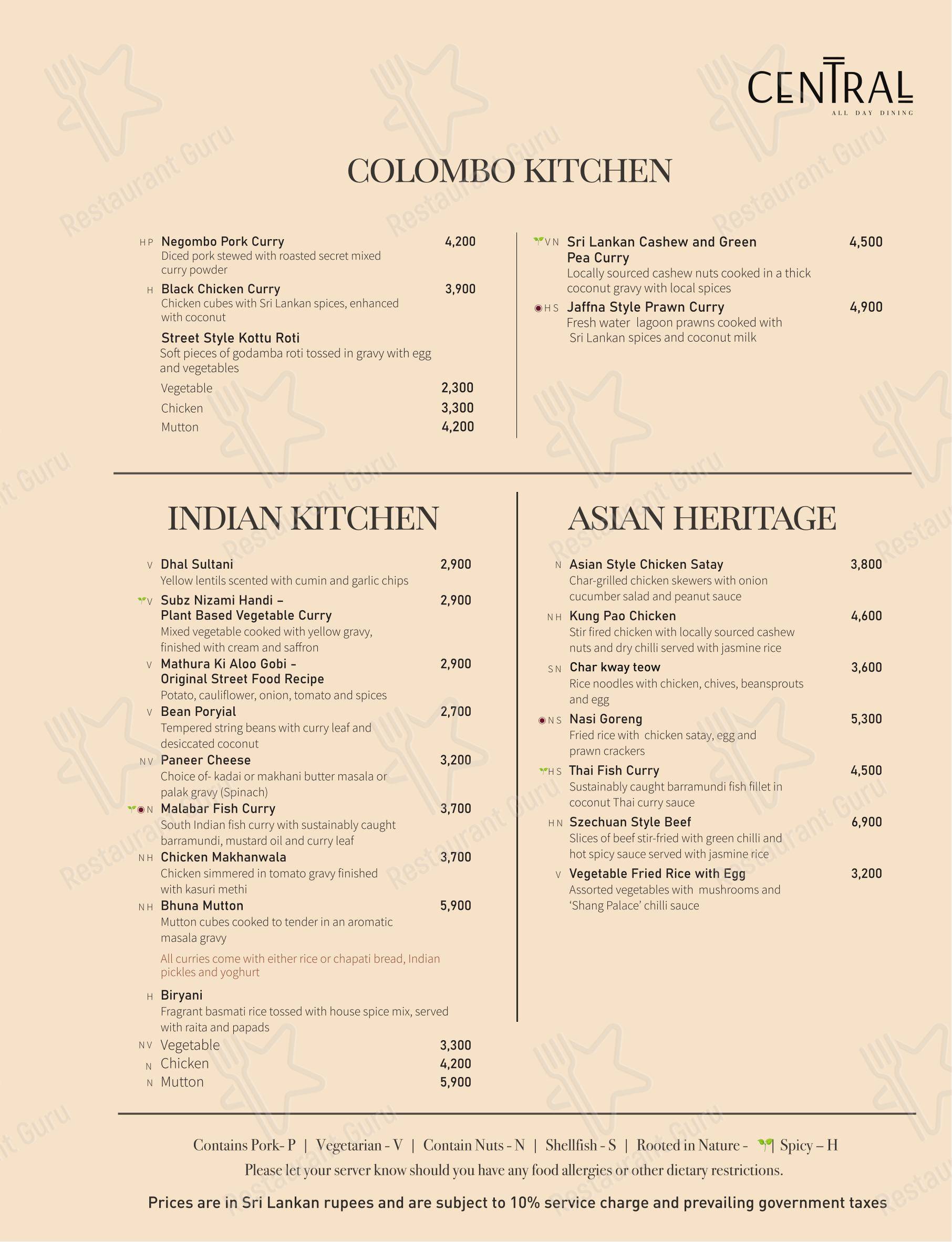 Меню ресторана Central All Day Dining