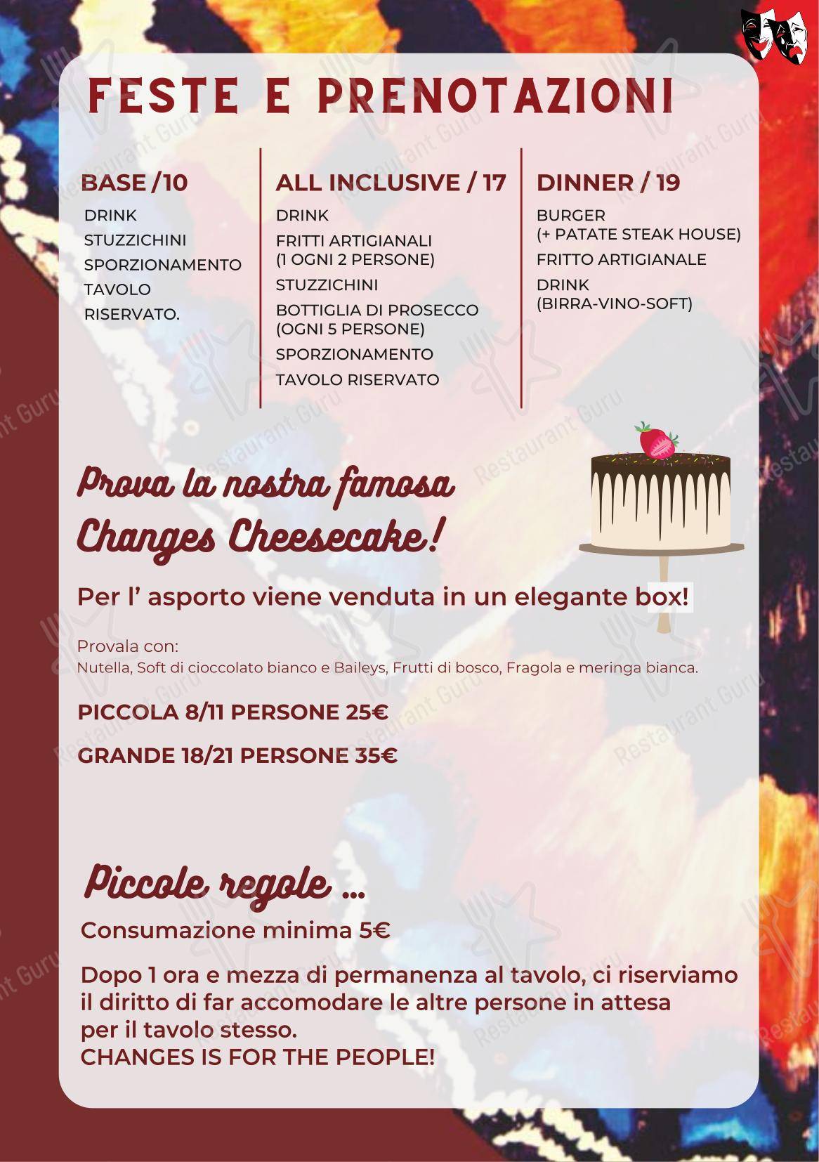 Меню паба и бара Changes Pub в Риме