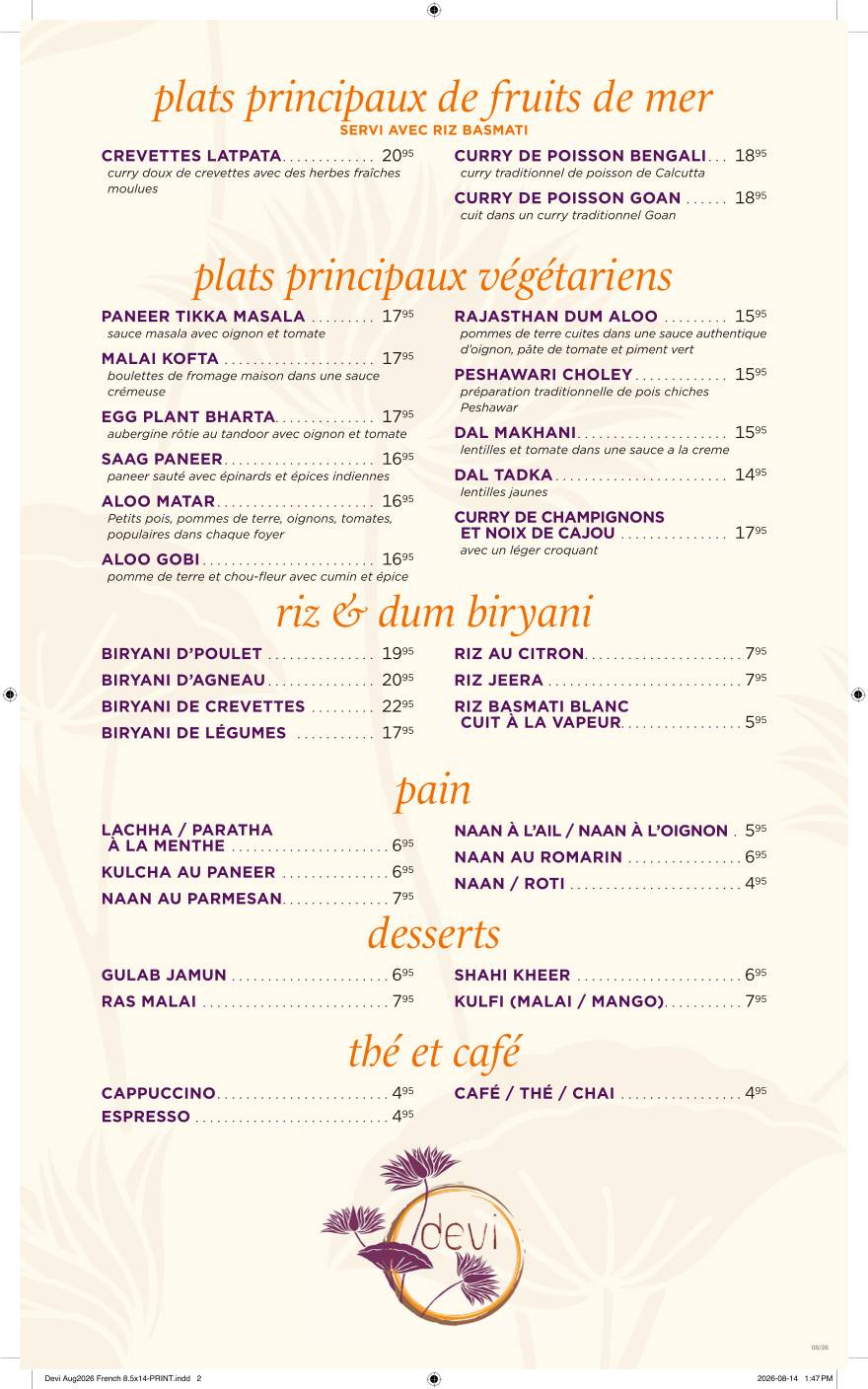 Chez Devi Authentic Halal Indian Restaurant Downtown Montreal меню