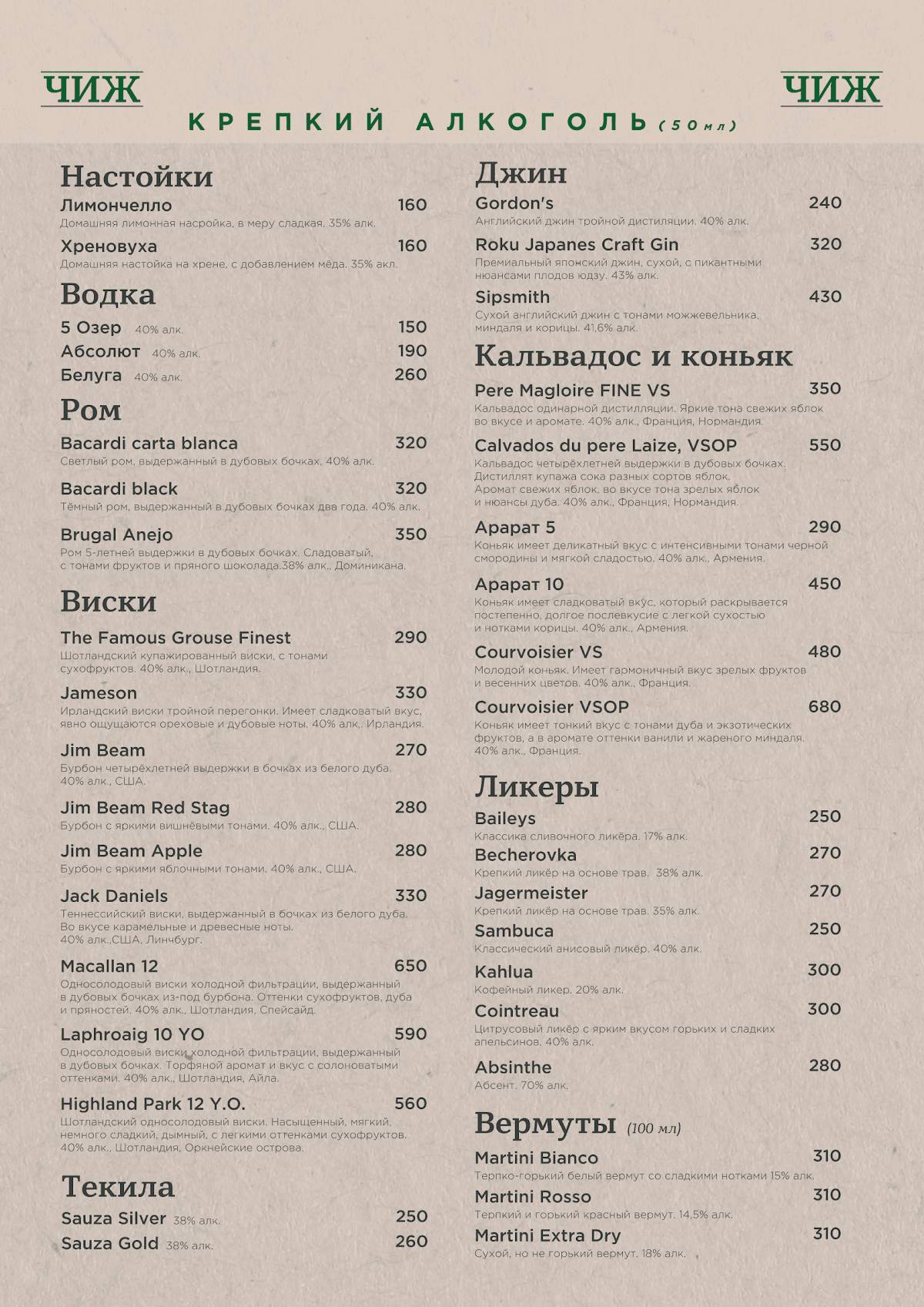 Чиж меню