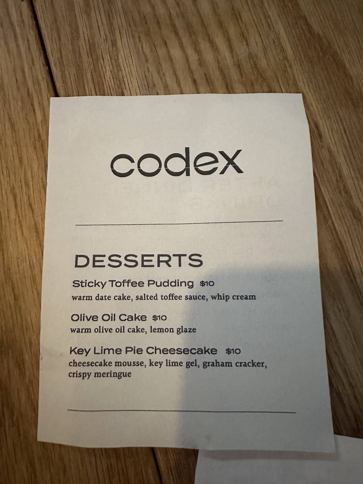 Codex меню