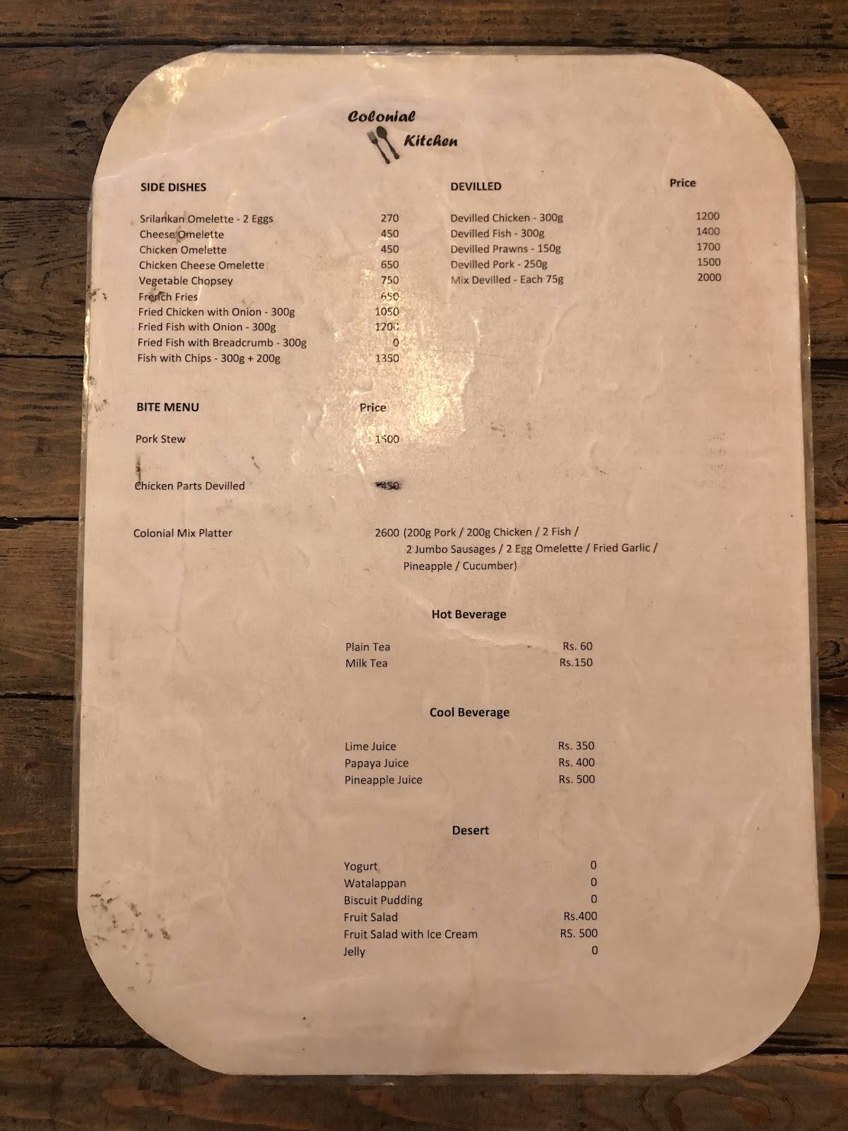 Colonial Kitchen меню