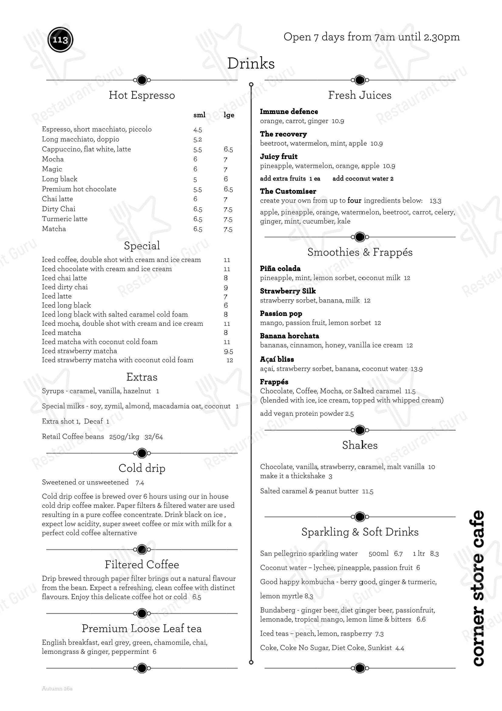 Corner Store Cafe в Тоовонге - Меню