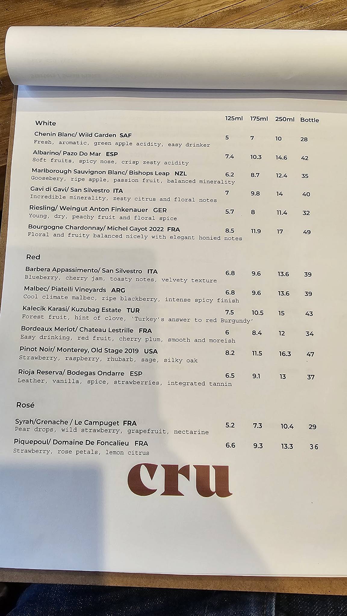 Cru Wine Bar меню