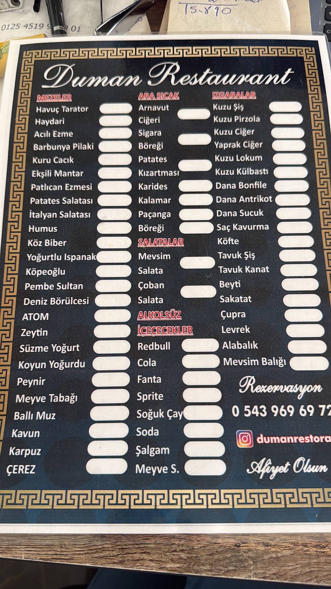 DUMAN AİLE RESTORANTI меню