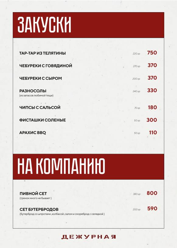 Дежурная меню