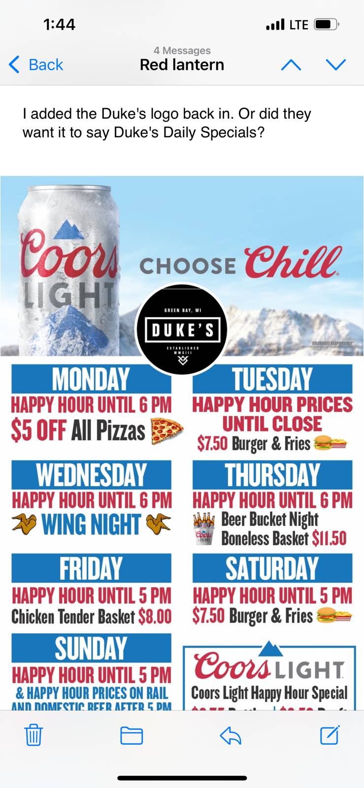 Dukes Food & Spirits меню