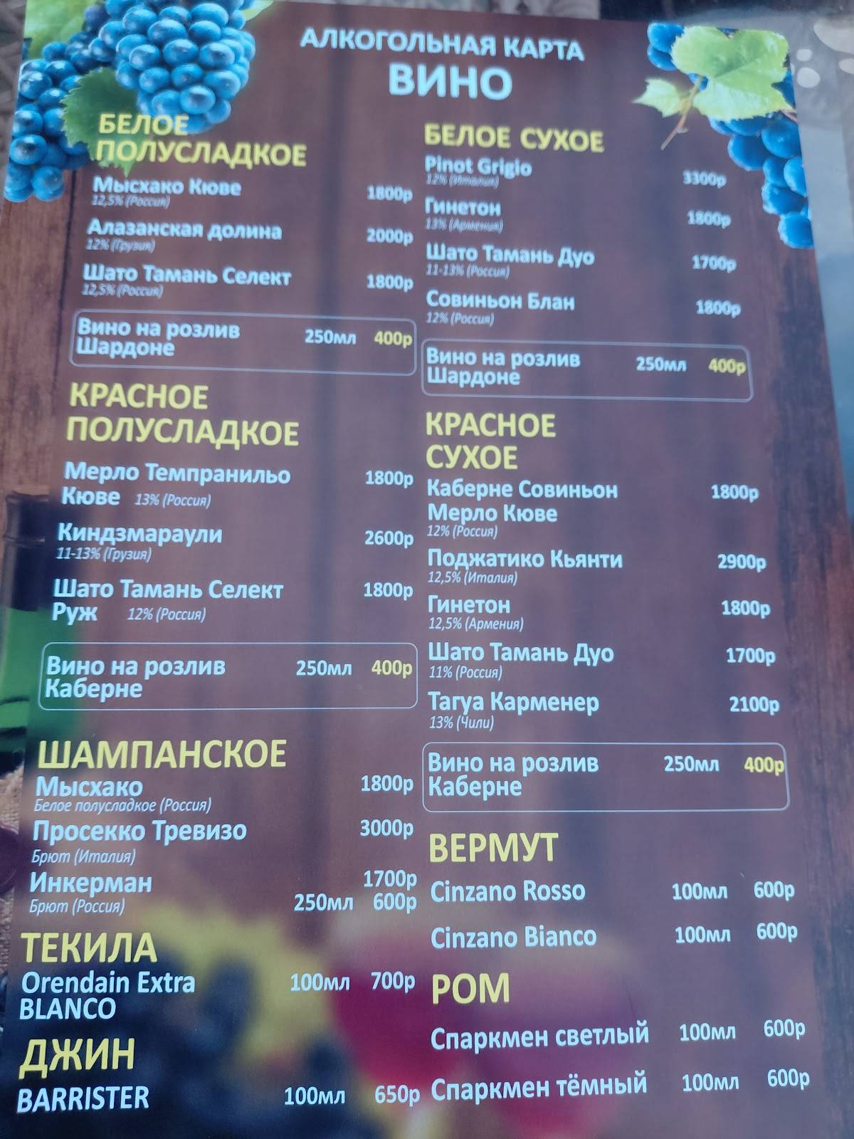 Две пальмы меню
